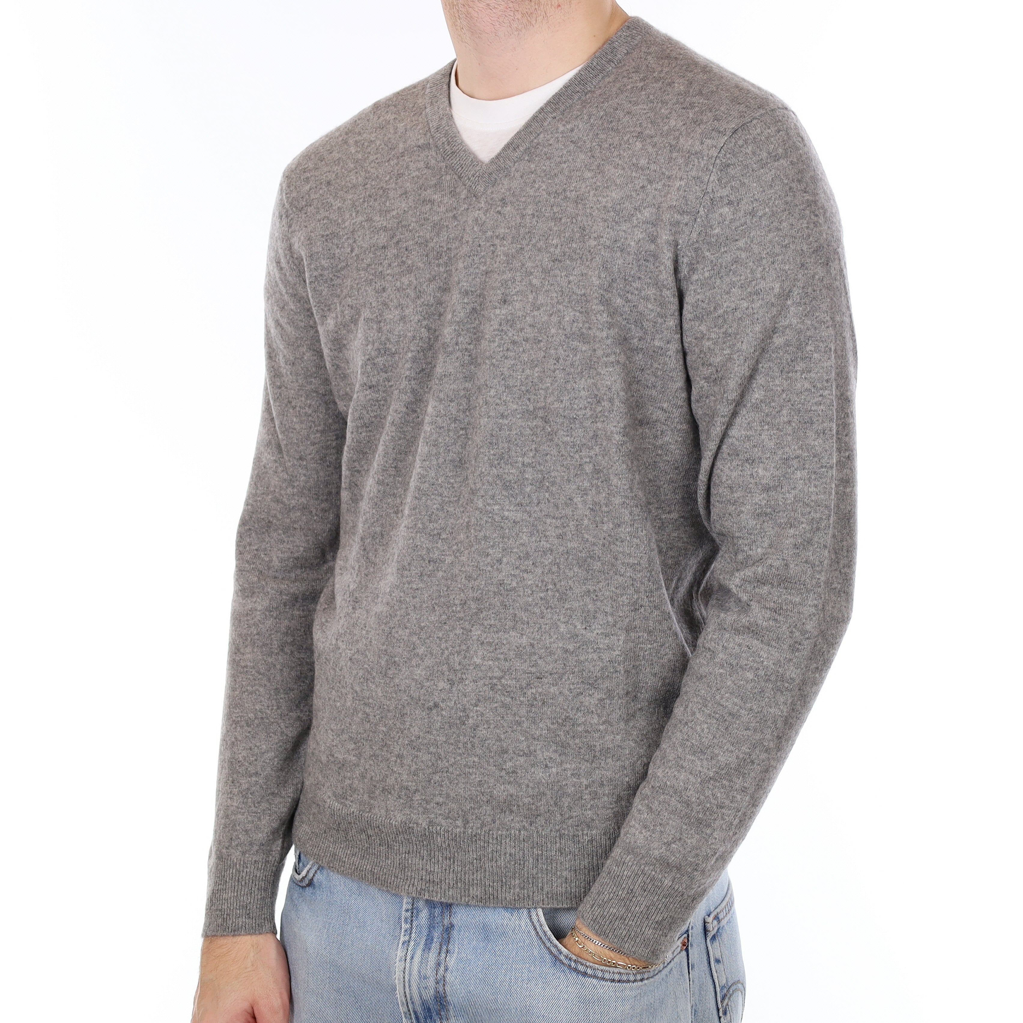 Men's Smoke Grey Cashmere V Neck Jumper Medium