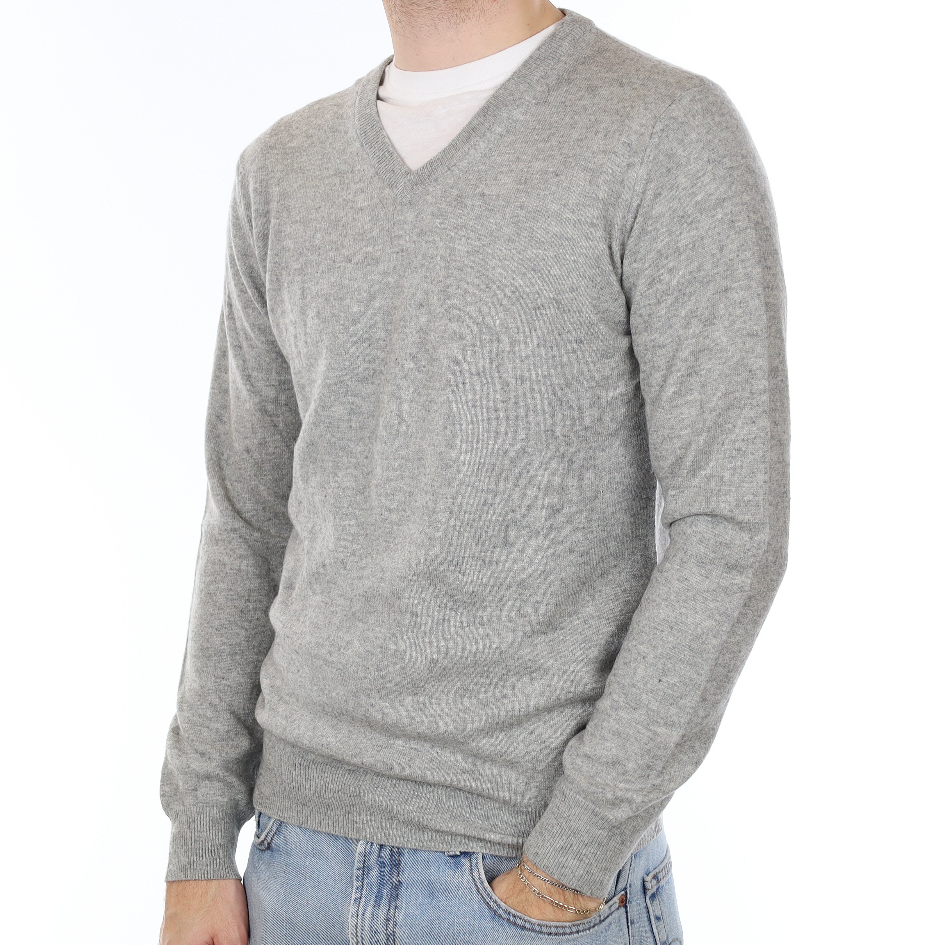 Men's Smoke Grey Cashmere V Neck Jumper Medium