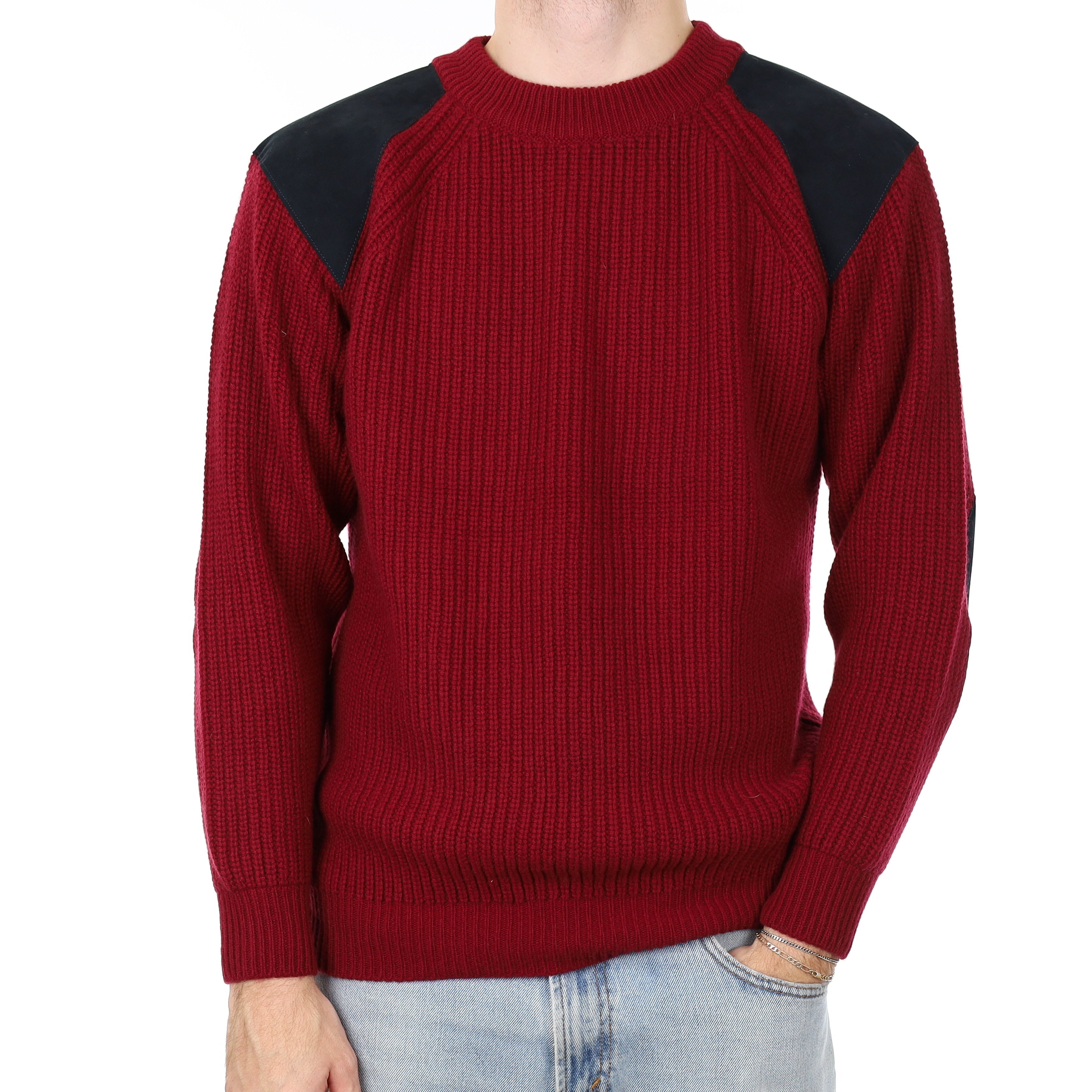 Men's Brand New Scottish Burgundy Fisherman Style Cashmere Crew Neck Jumper Large