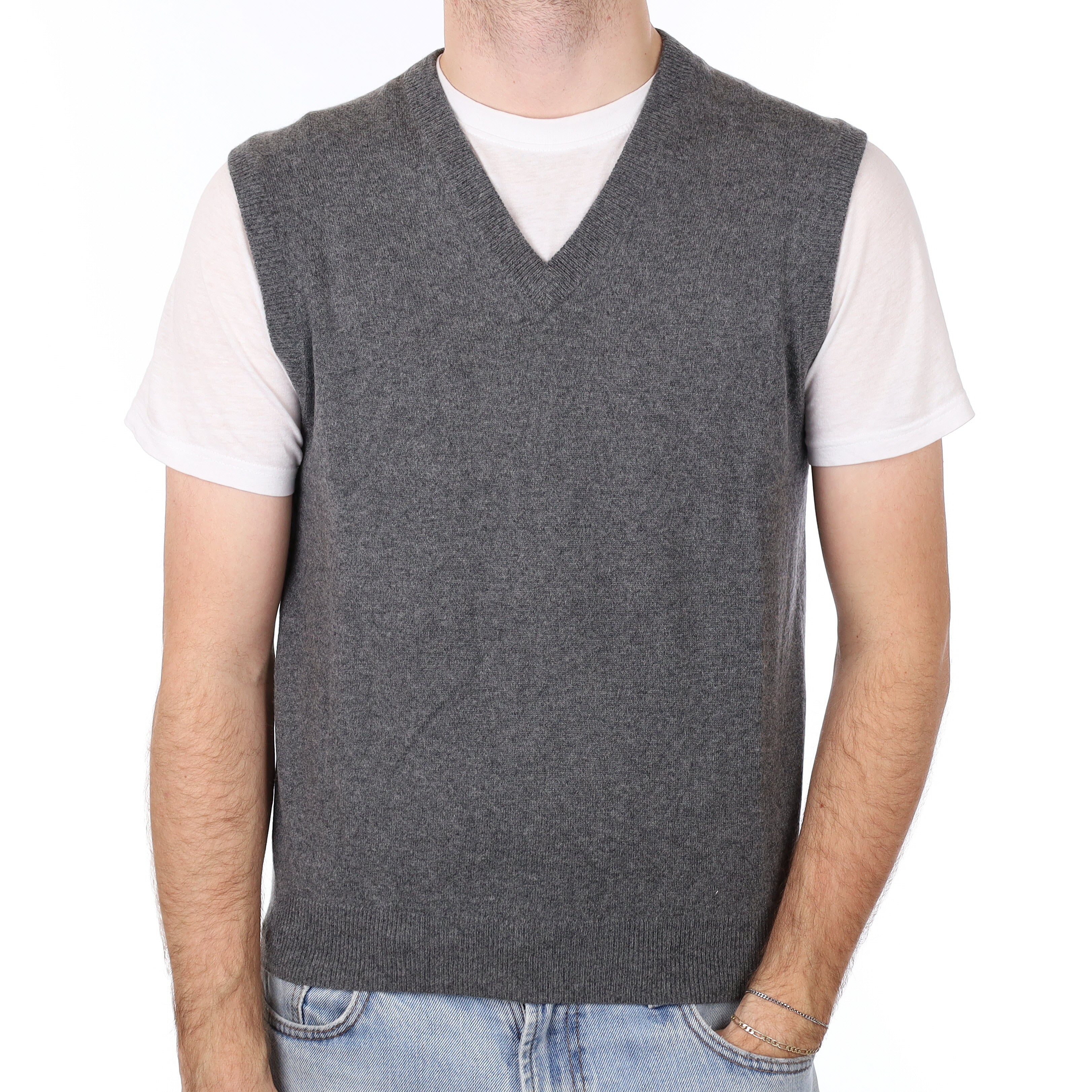 Men's Slate Grey Cashmere V Neck Tank Top Medium