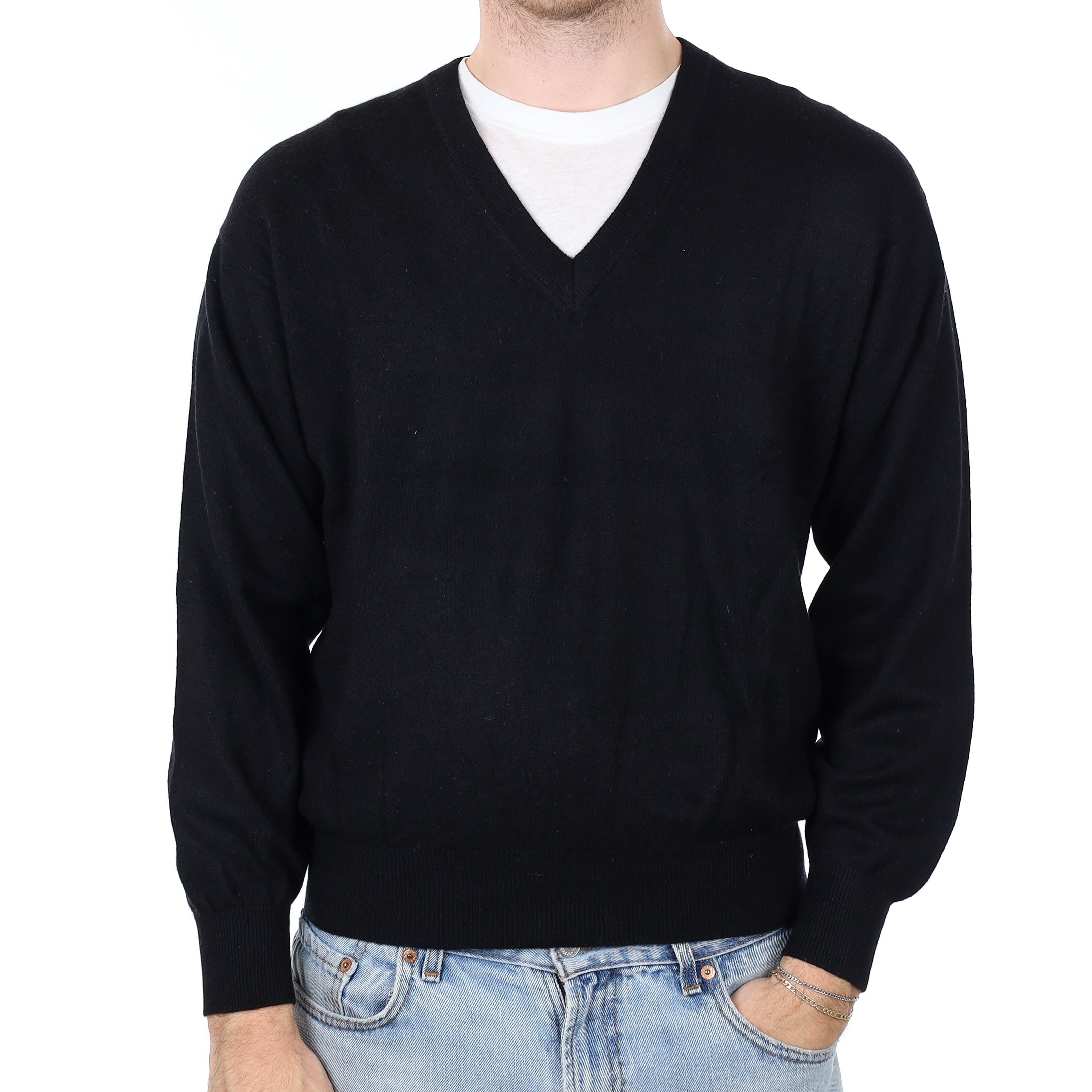 Men's Black Cashmere V Neck Jumper Medium