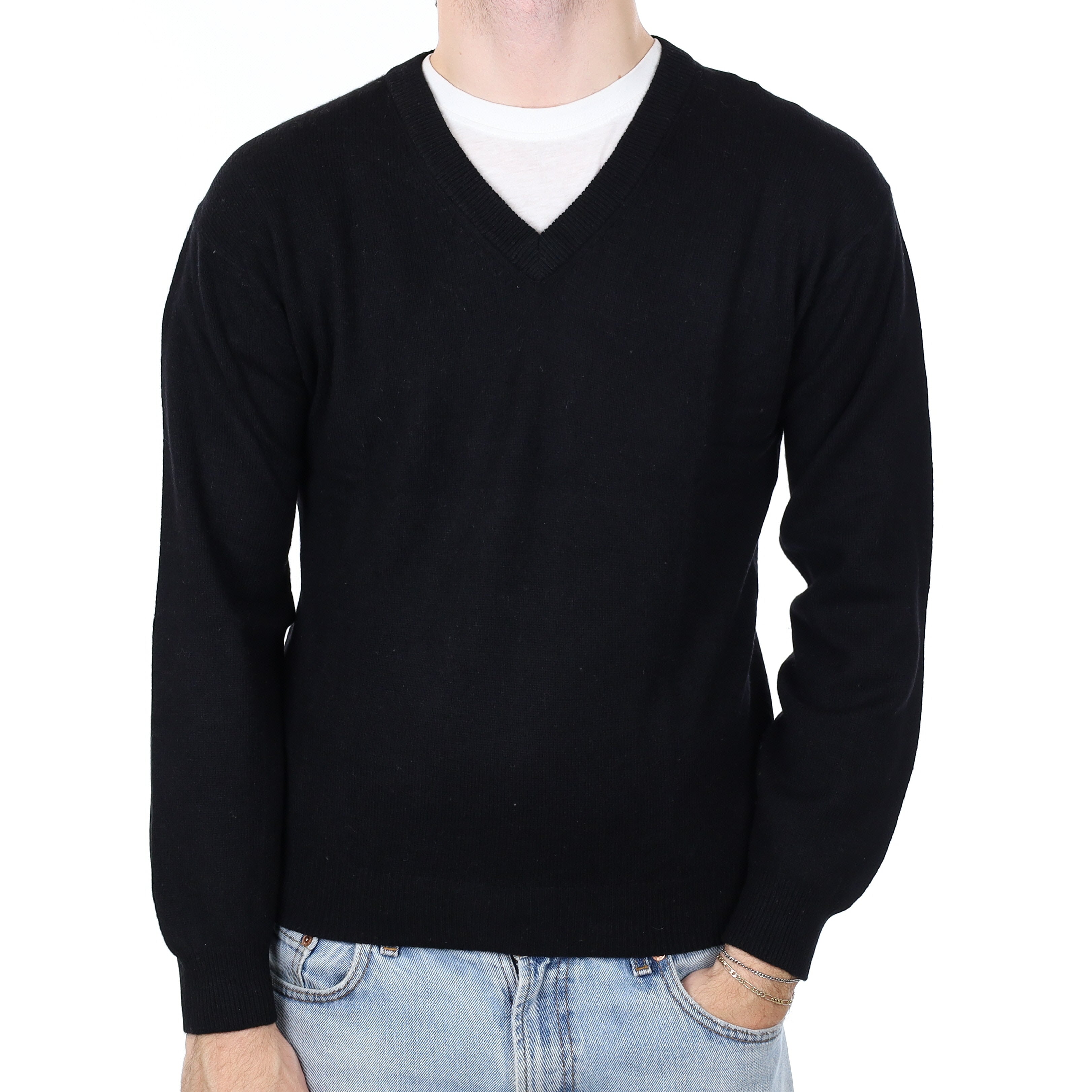 Men's Black Cashmere V Neck Jumper Medium