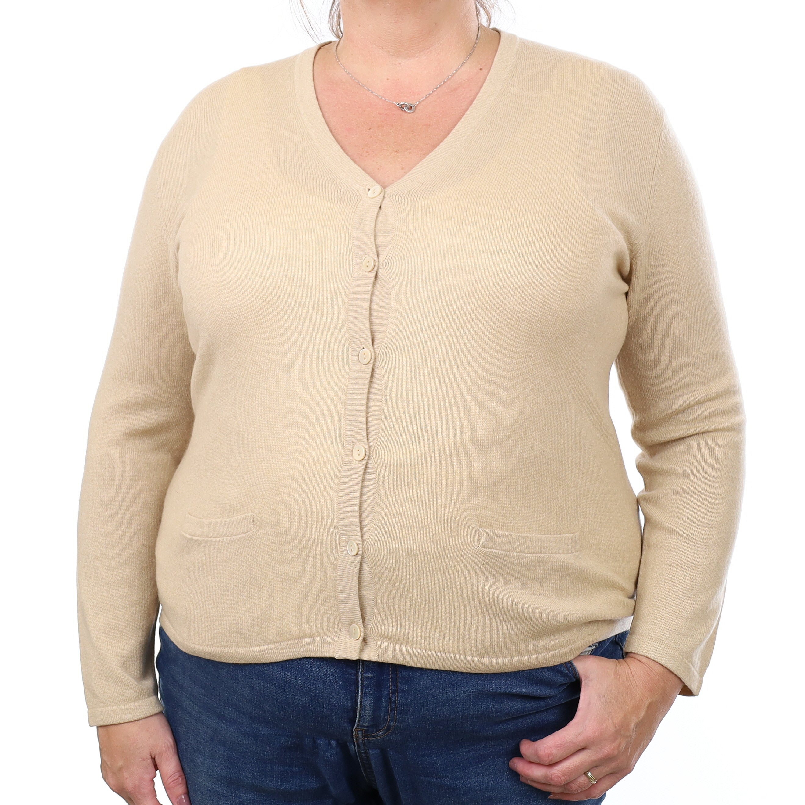 Beige Cashmere V Neck Cardigan with Pockets Extra Large