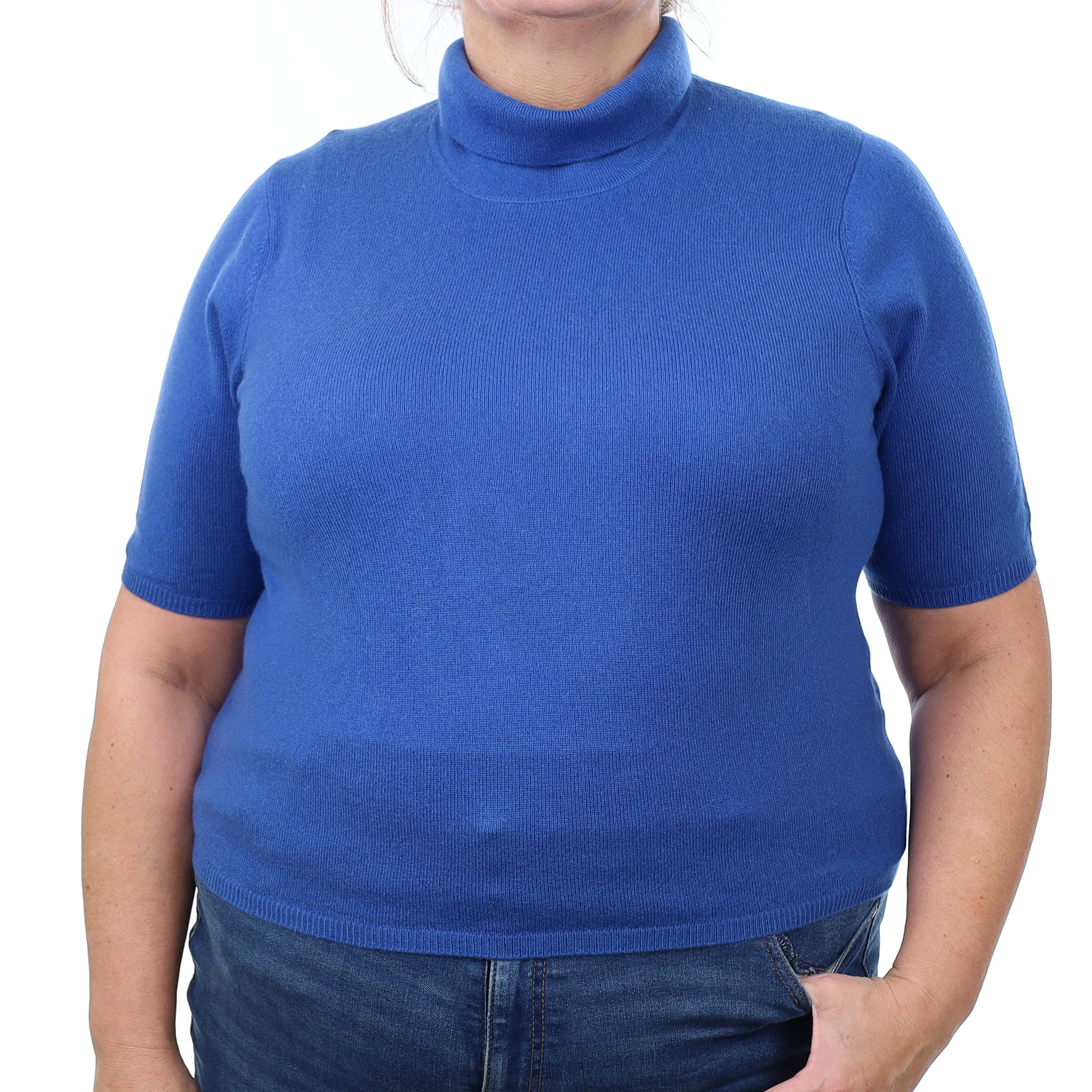 Ocean Blue Cashmere Short Sleeved Polo Neck Jumper Extra Large