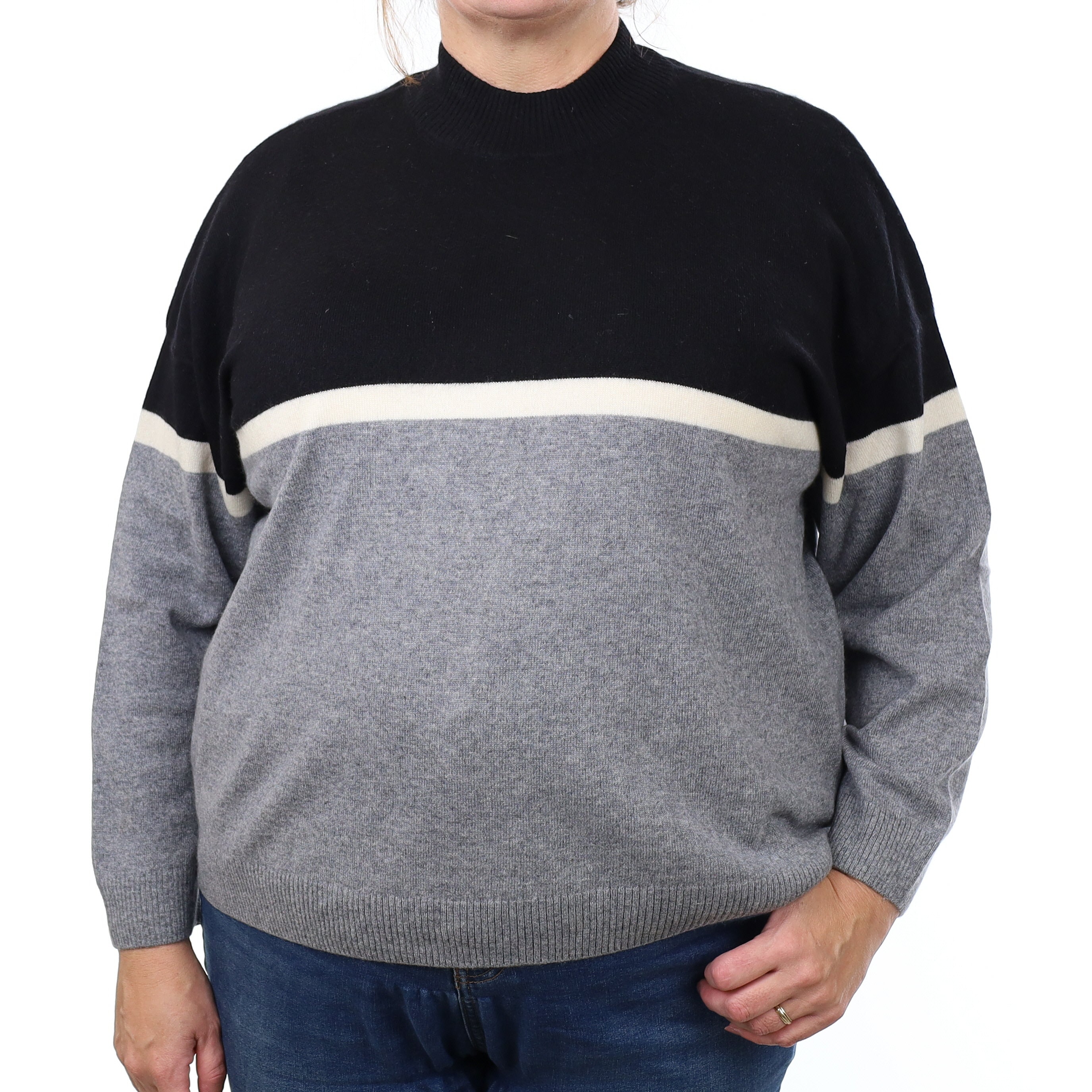 Grey and Black Cashmere Boxy Turtle Neck Jumper Extra Large