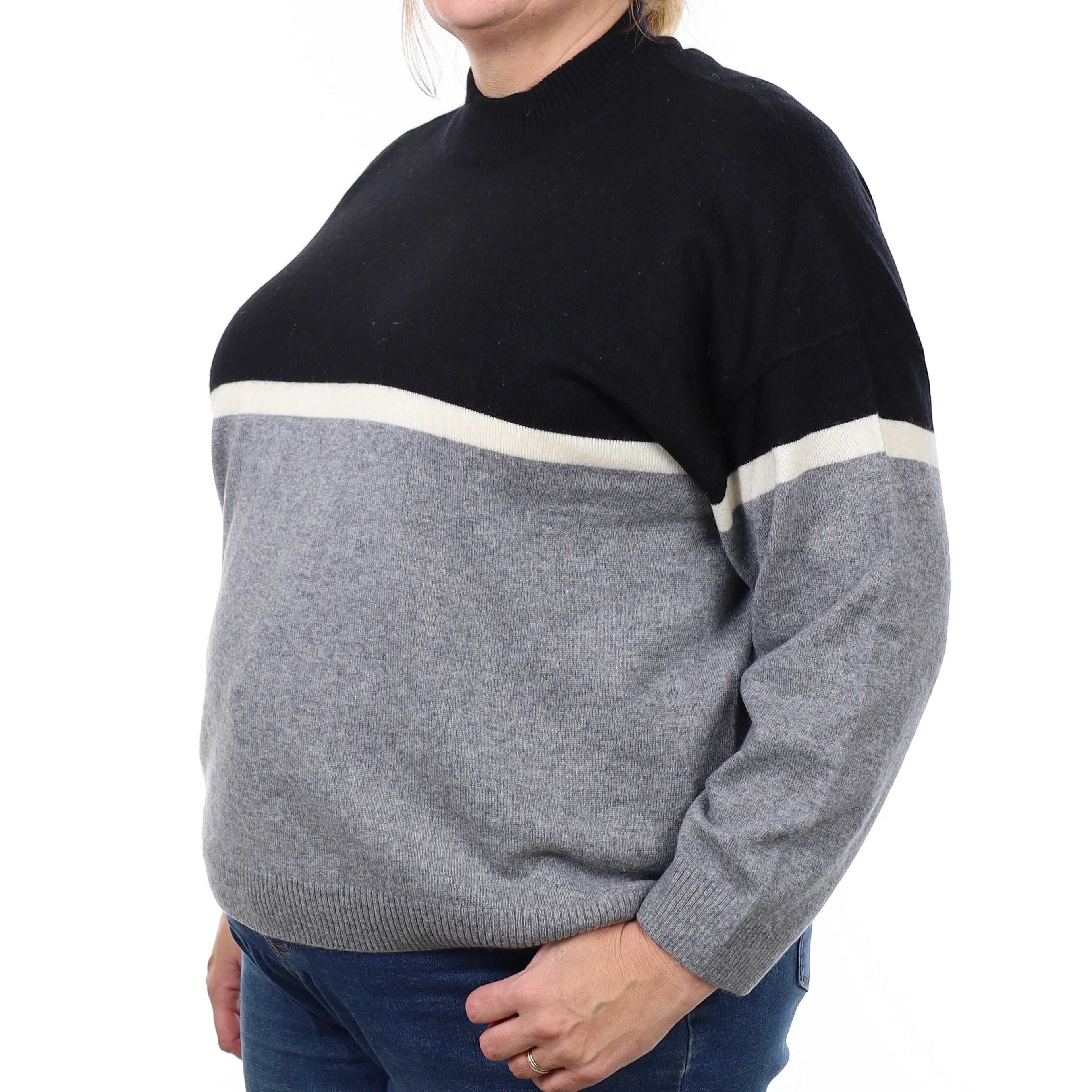 Grey and Black Cashmere Boxy Turtle Neck Jumper Extra Large