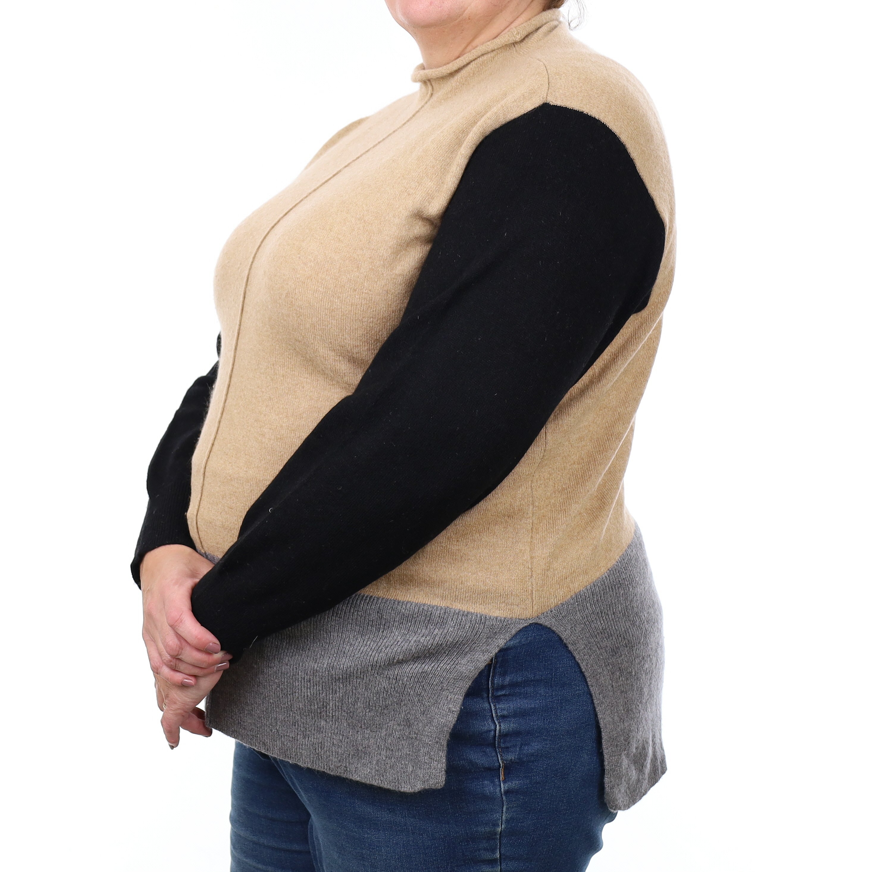 Camel Colour Block Cashmere Turtle Neck Jumper Extra Large