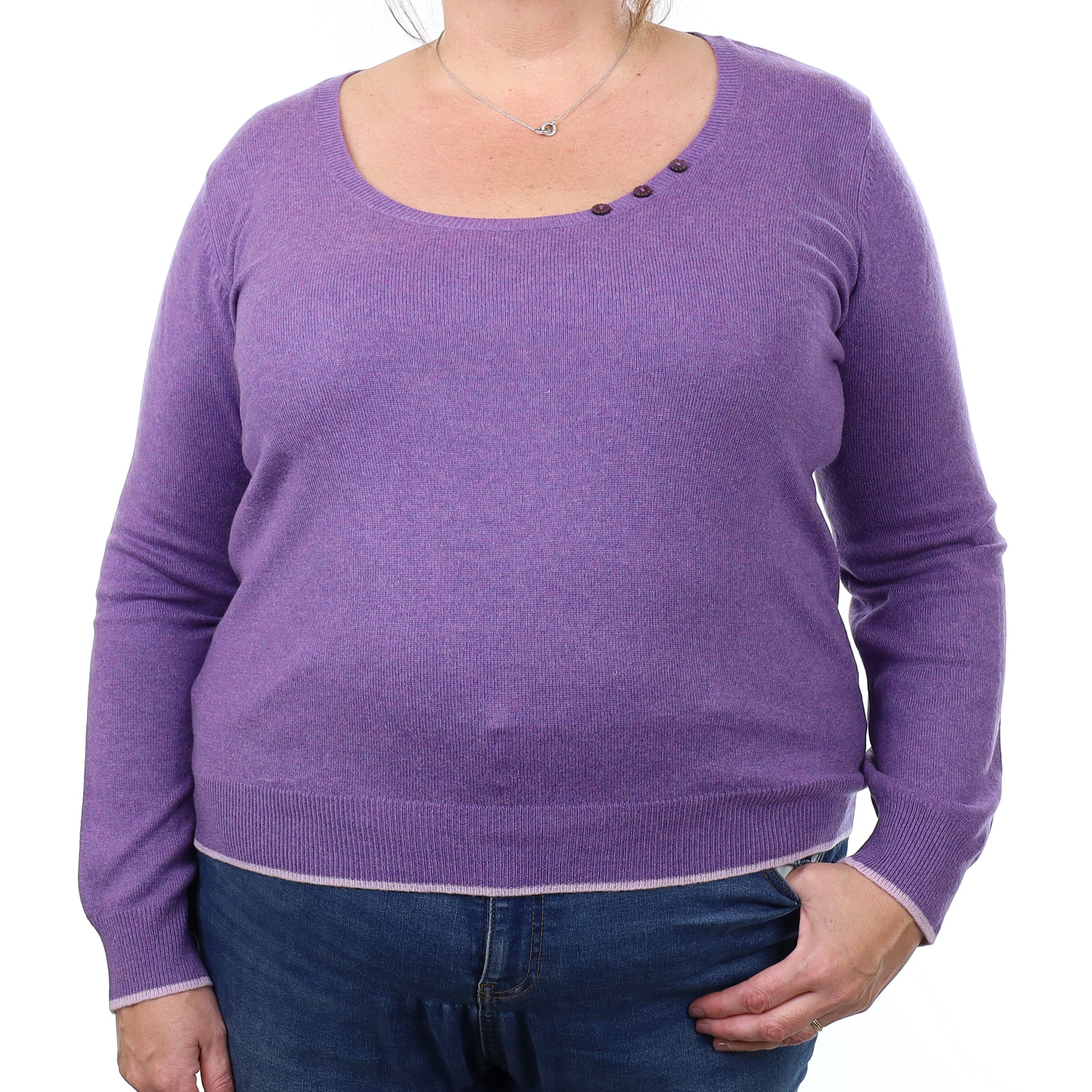 Wisteria Purple Cashmere Buttoned Scoop Neck Jumper Extra Large