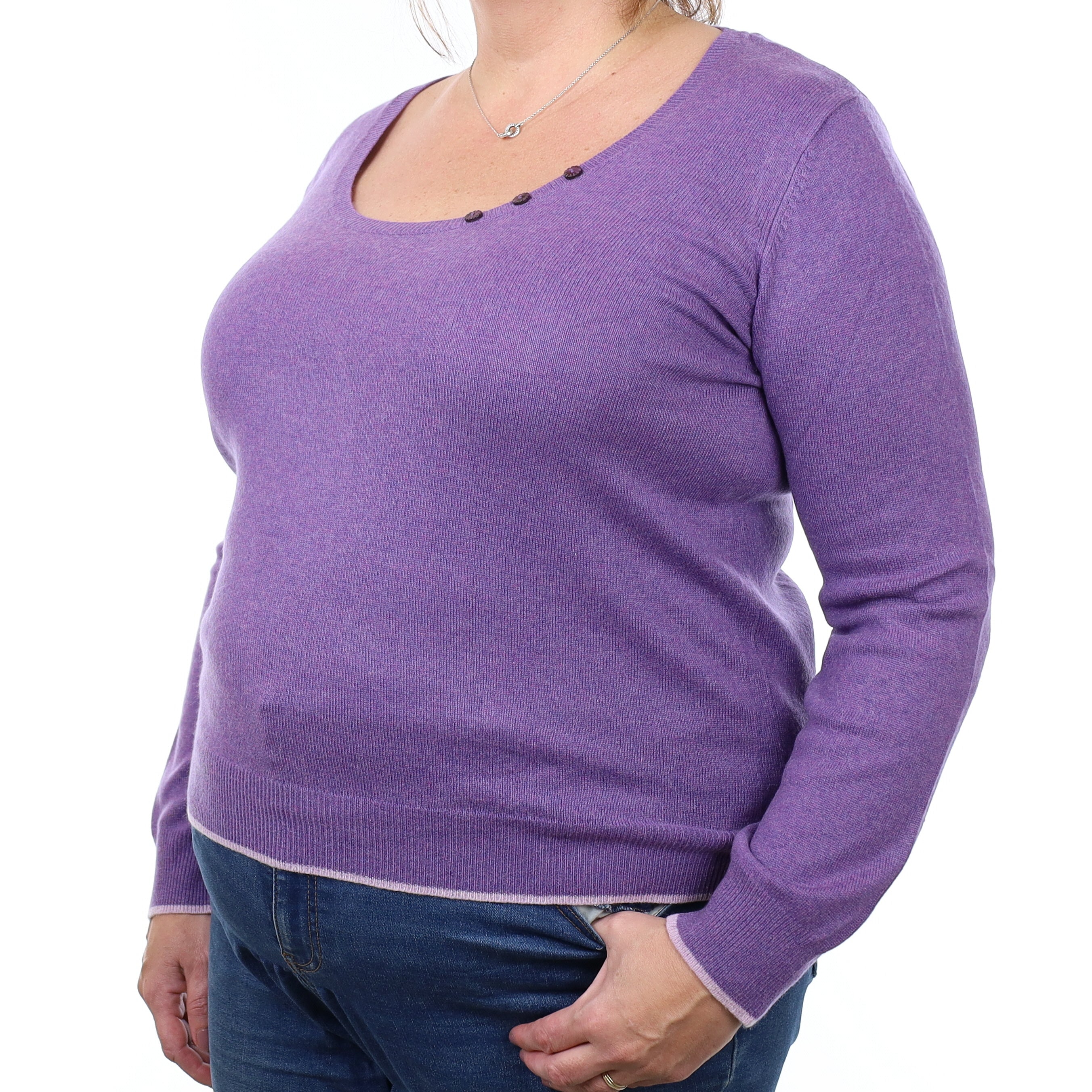 Wisteria Purple Cashmere Buttoned Scoop Neck Jumper Extra Large