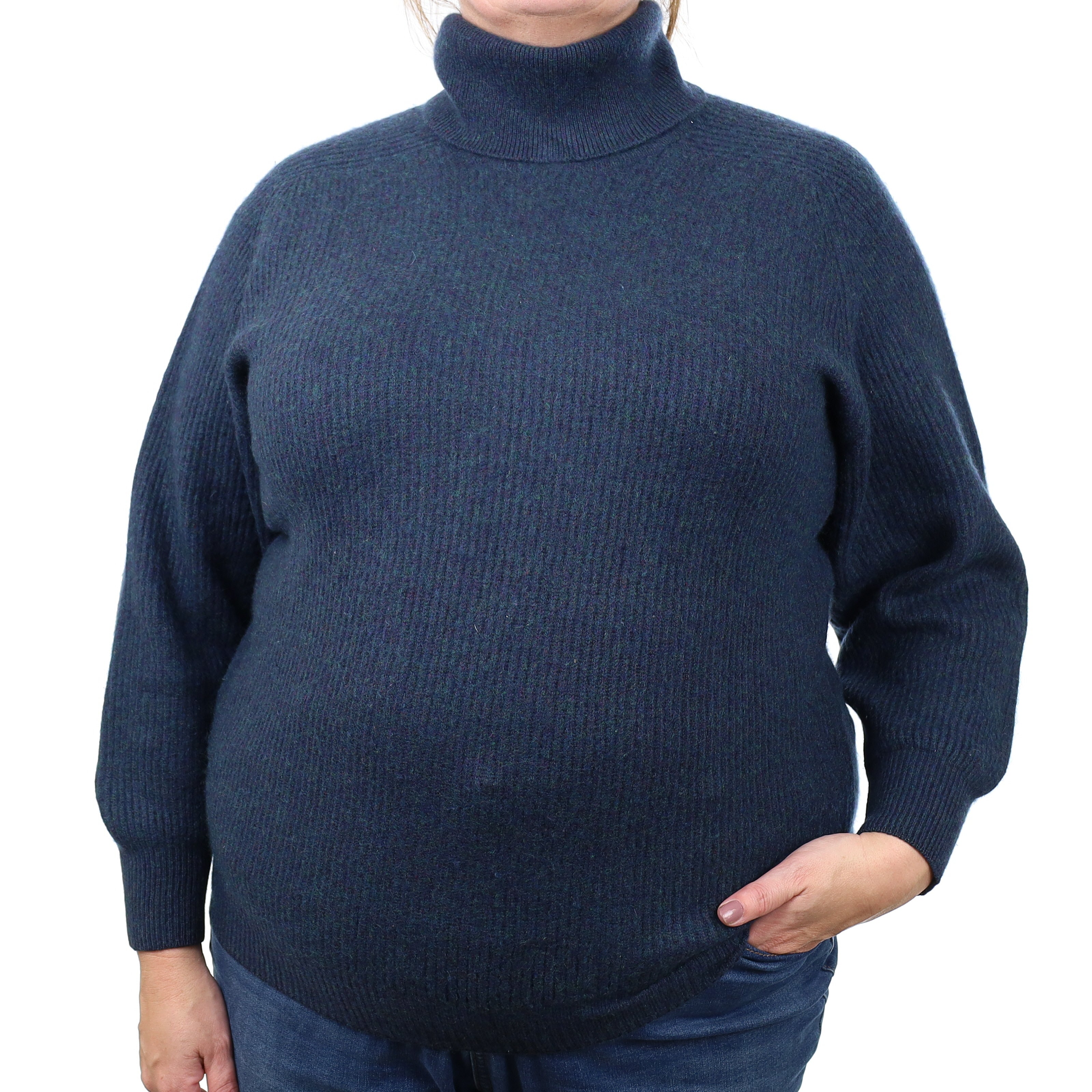 Scottish Petrol Blue Marl Cashmere Polo Neck Jumper Extra Large