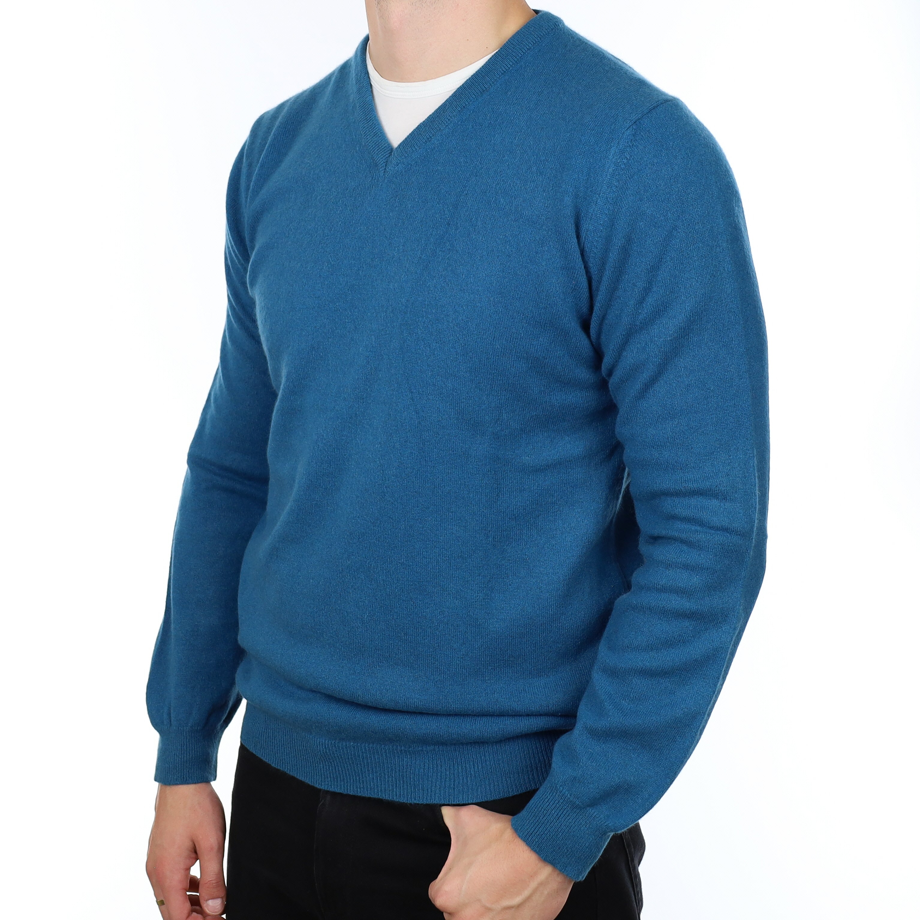 Men's Deep Peacock Blue Cashmere V Neck Jumper XL
