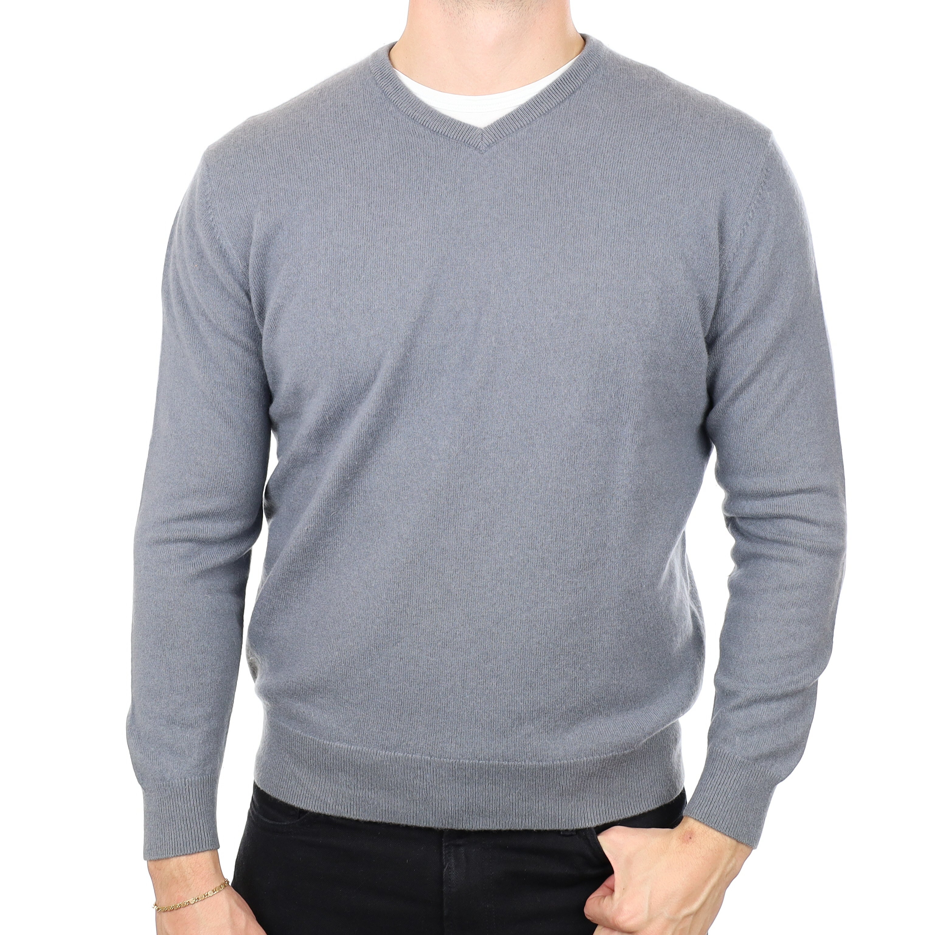 Men's Smoke Blue Cashmere V Neck Jumper XXL