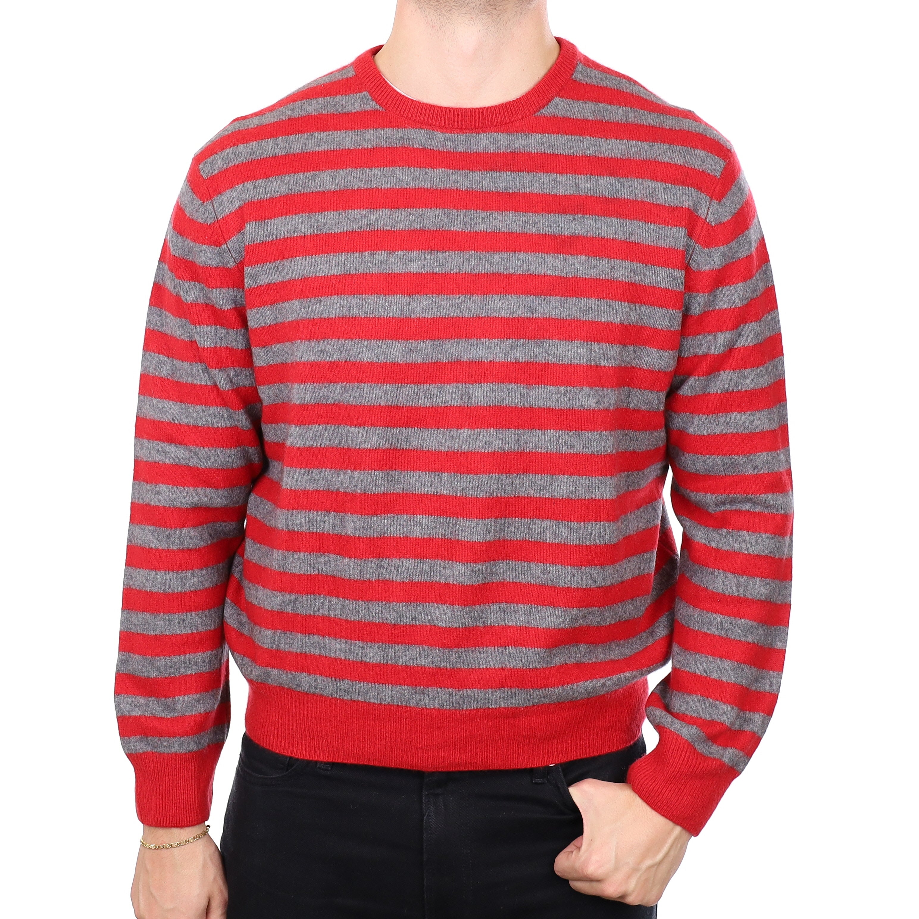 Men's Slate Grey and Red Striped Cashmere Crew Neck Jumper XXL