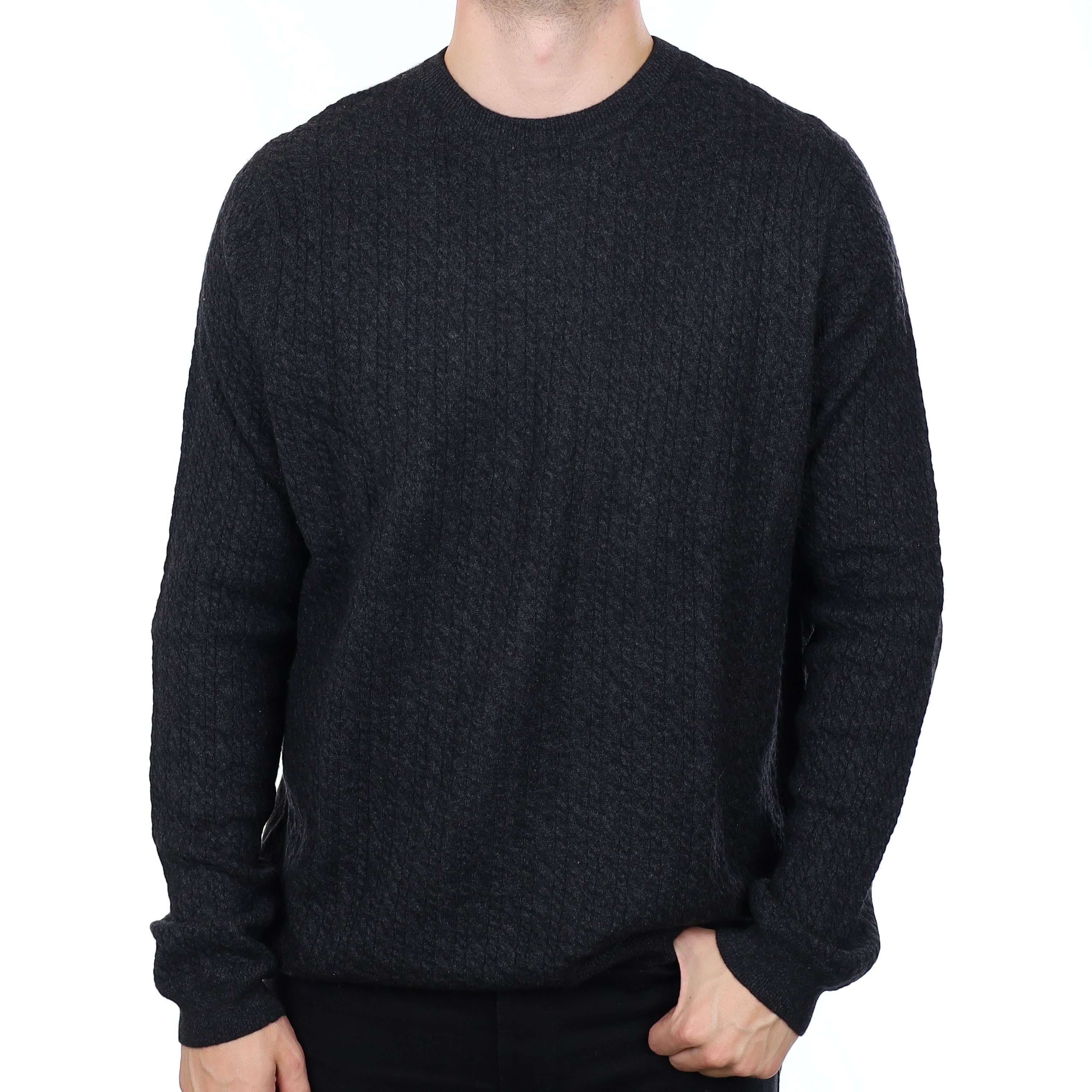 Men's Charcoal Grey Cable Knit Cashmere Crew Neck Jumper XXL