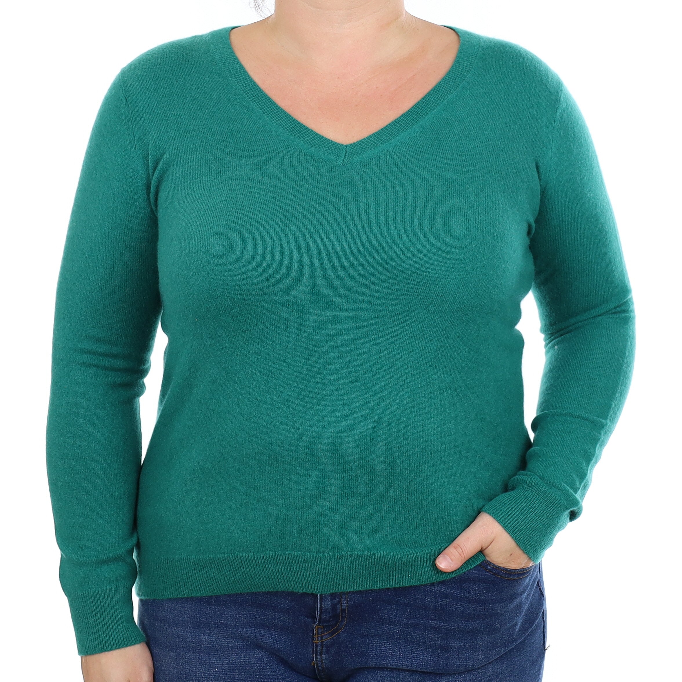 Shamrock Green Cashmere V Neck Jumper Large