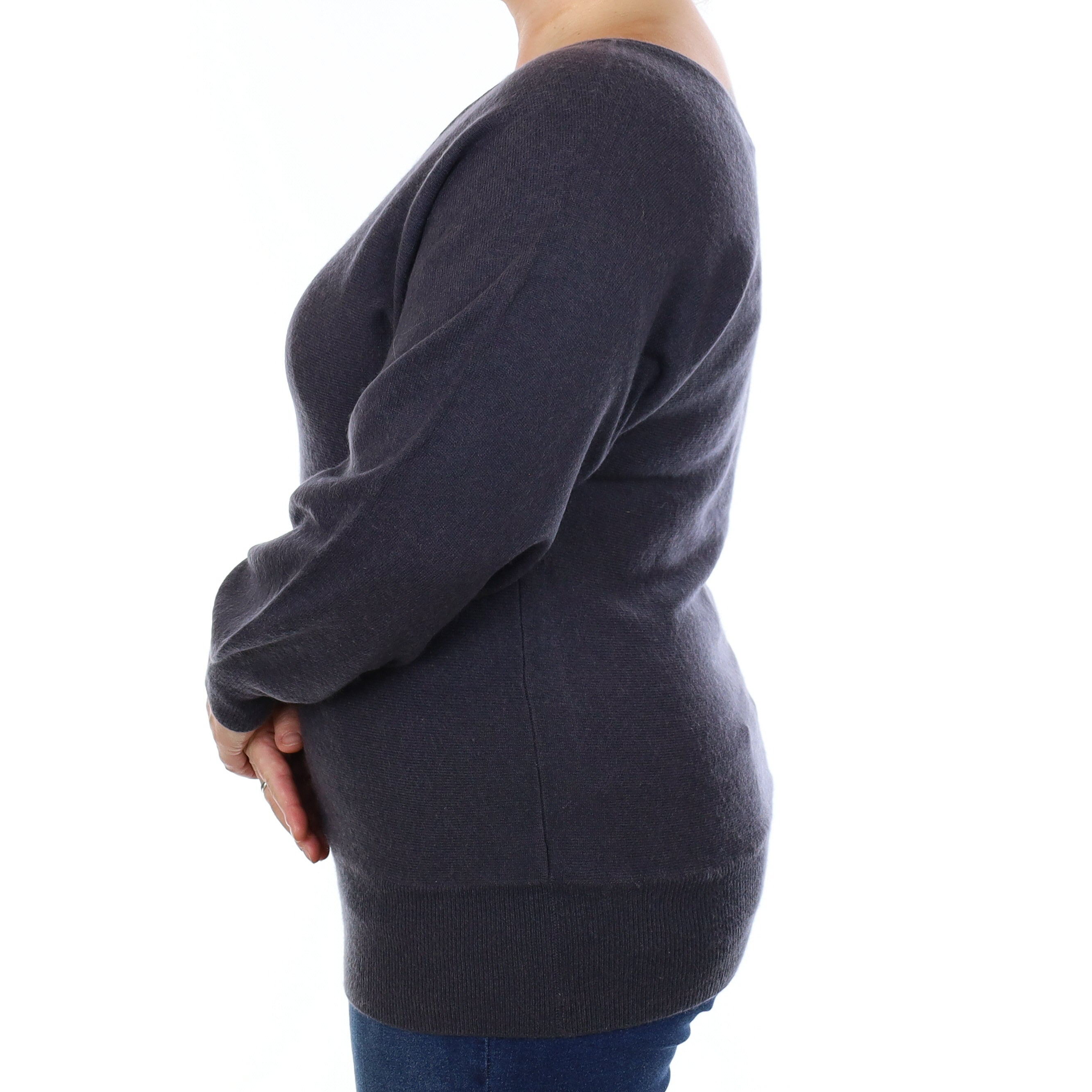 Granite Grey Cashmere Batwing V Neck Jumper Large