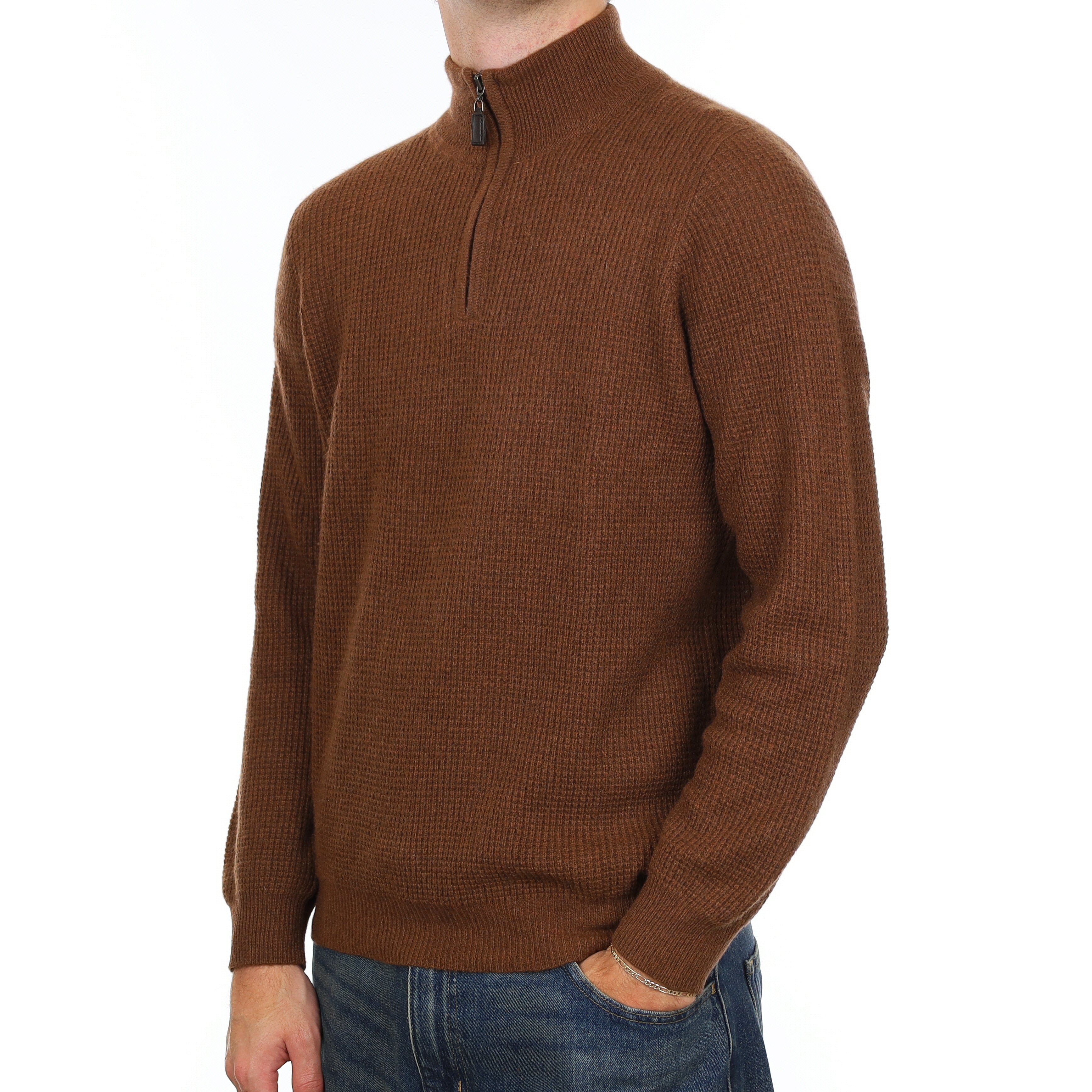 Men's LL Bean Brown Waffle Cashmere 1/4 Zip Jumper Large