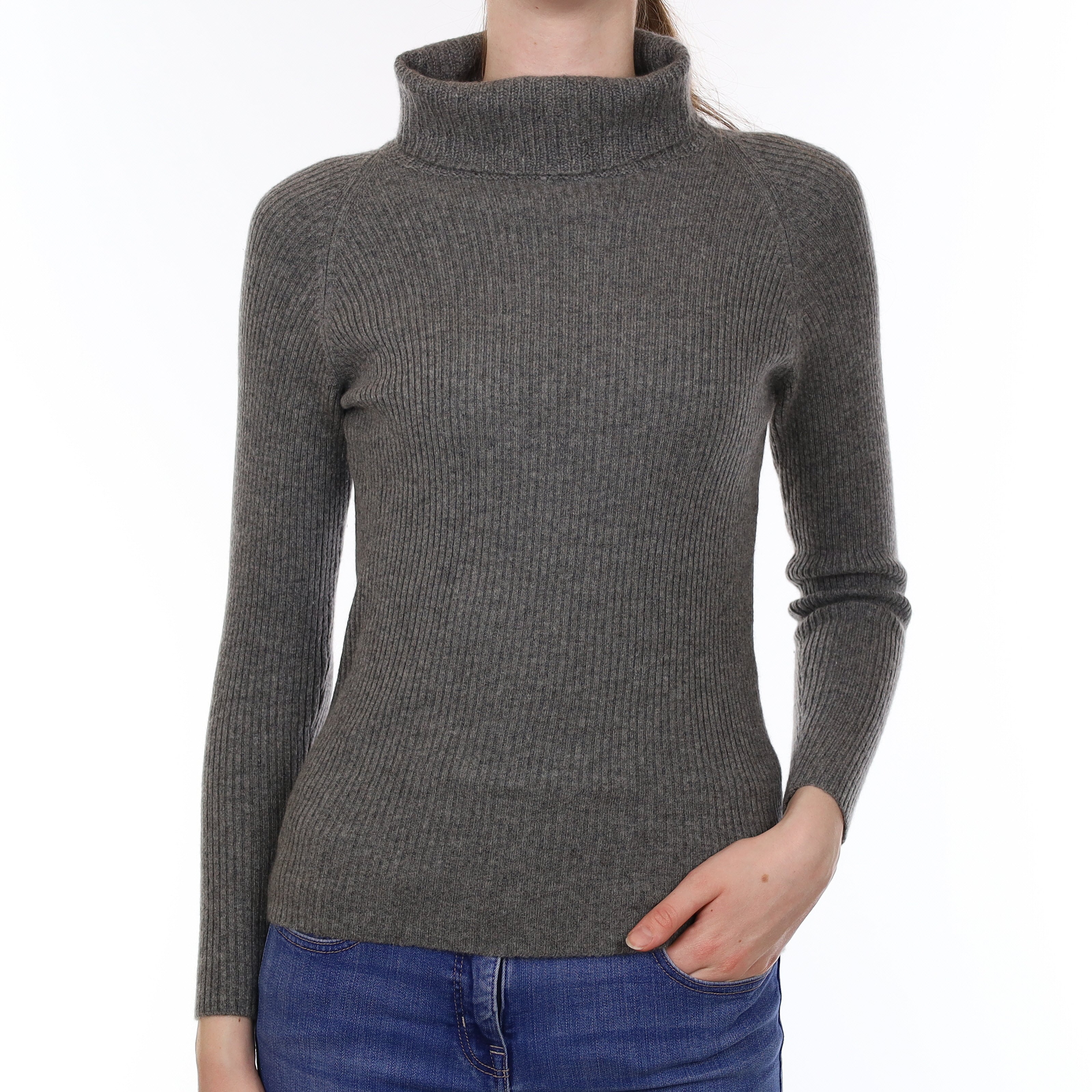 Slate Grey Skinny Rib Cashmere Polo Neck Jumper Extra Small
