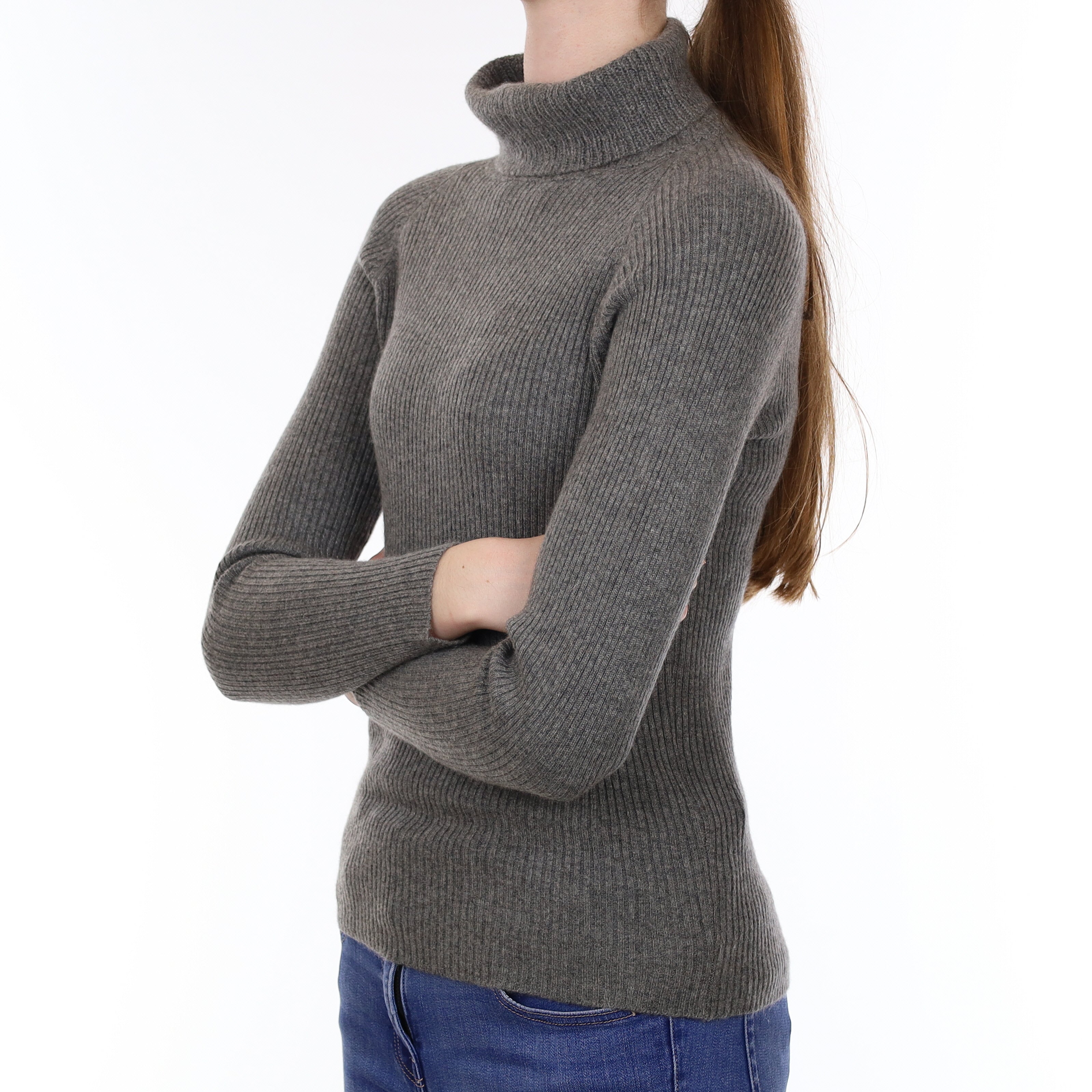 Slate Grey Skinny Rib Cashmere Polo Neck Jumper Extra Small