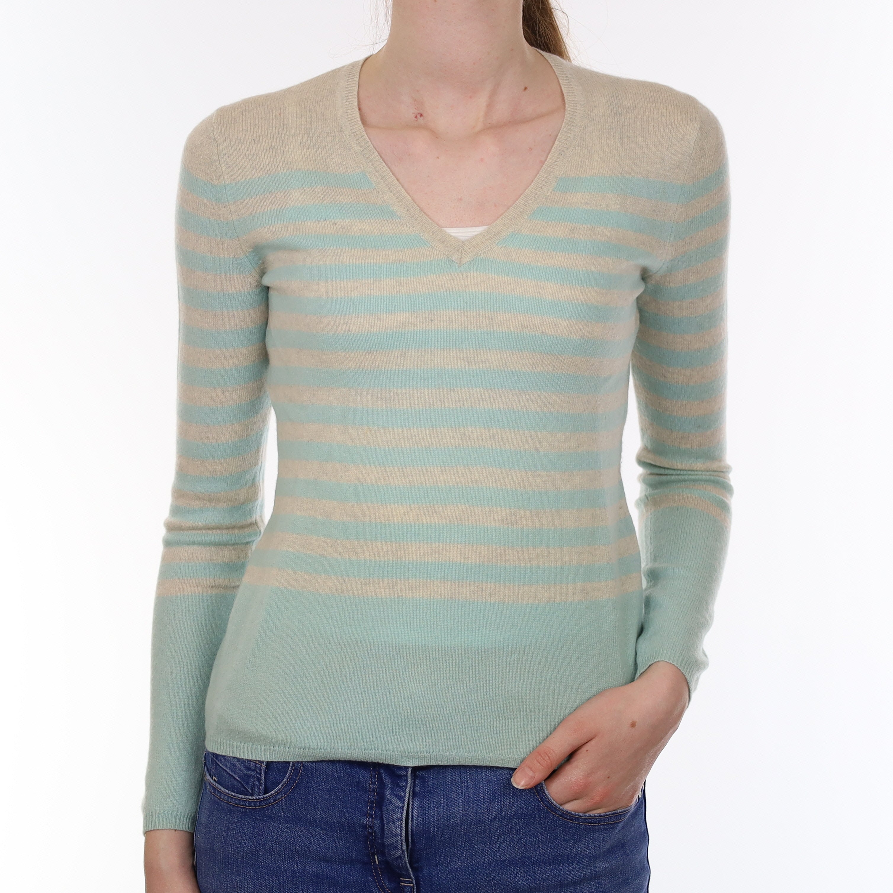 Aqua and Grey Stripe Cashmere V Neck Jumper Extra Small