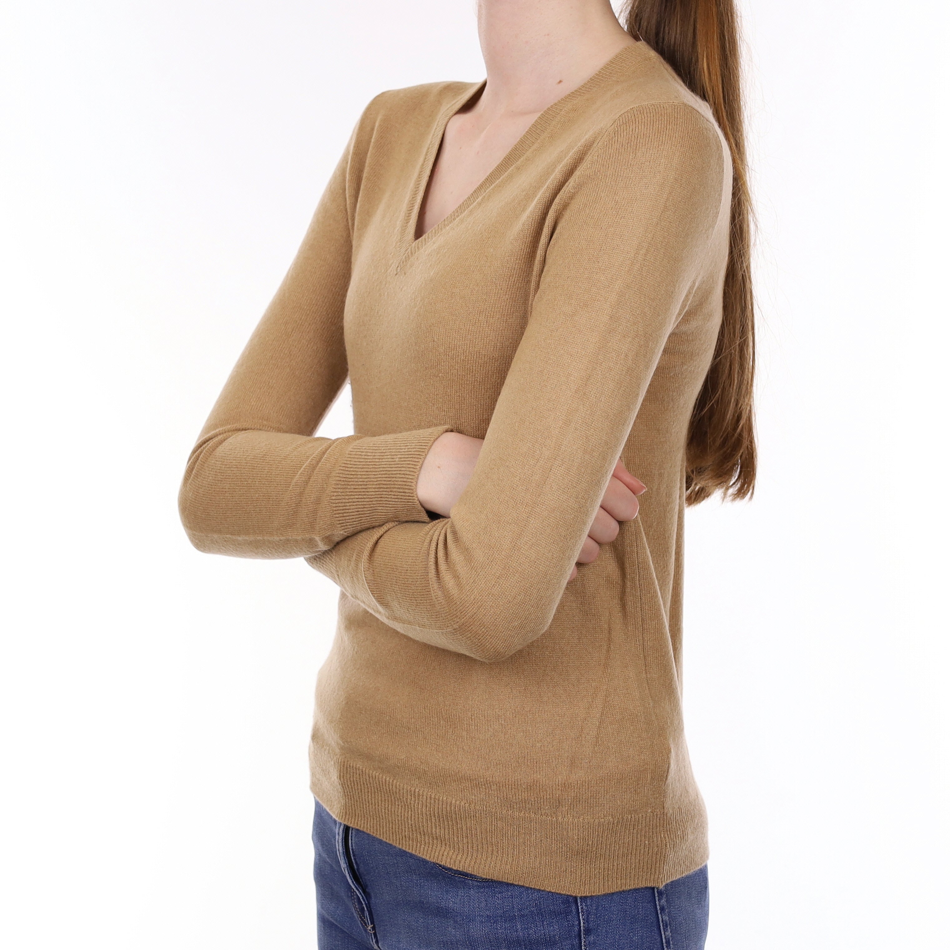 Camel Brown Cashmere V Neck Jumper Extra Small