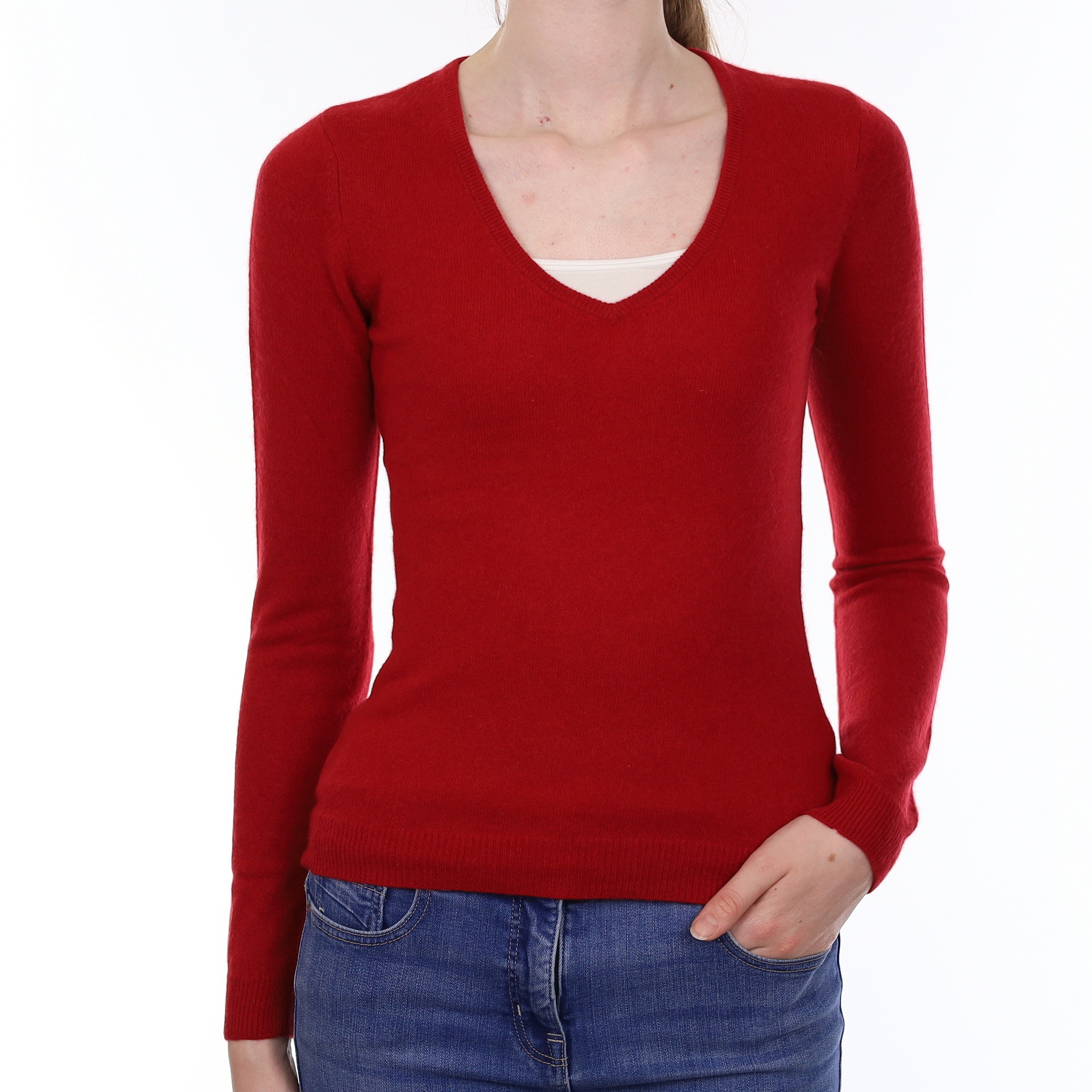 Ruby Red Cashmere V Neck Jumper Extra Small