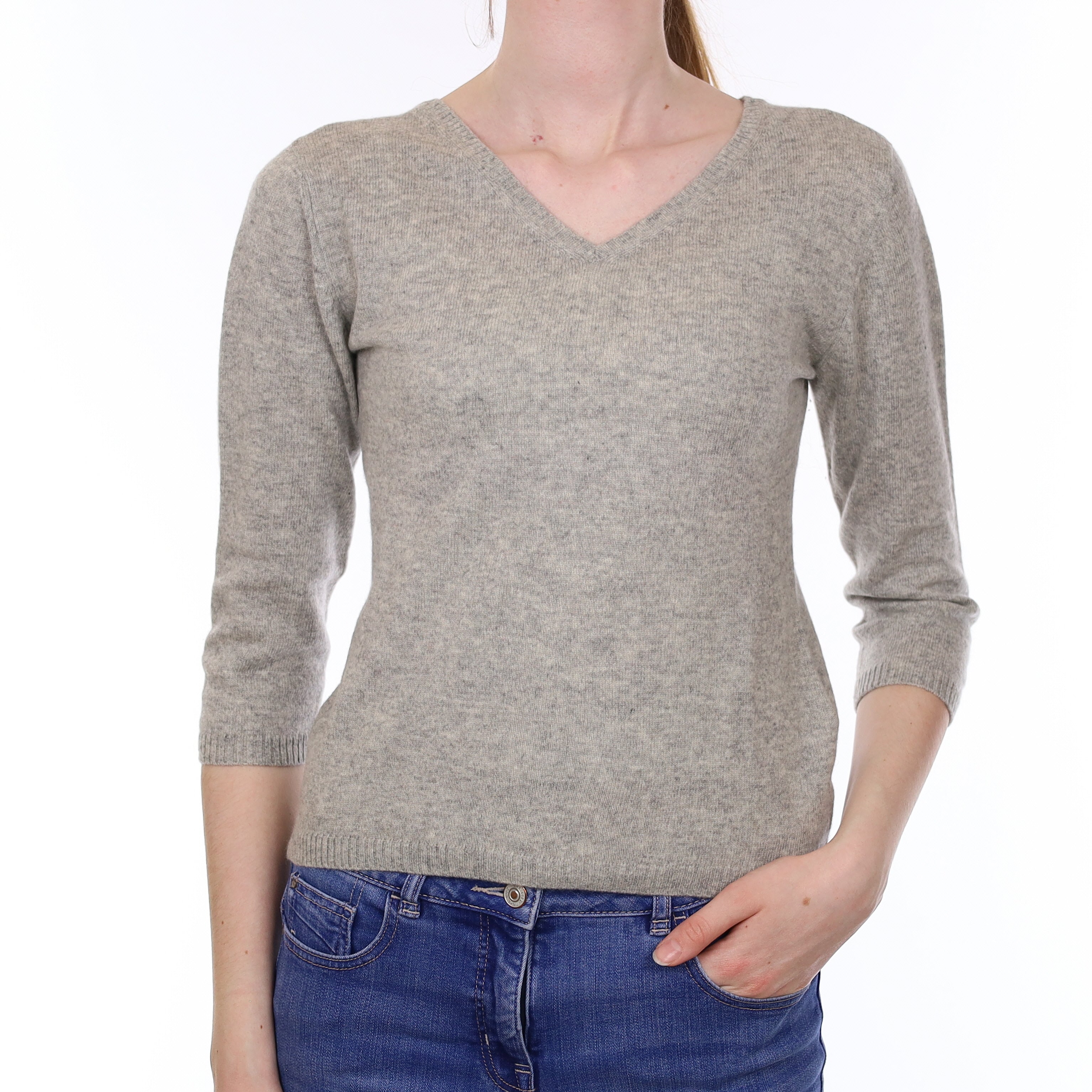 Smoke Grey Cashmere 3/4 Sleeve V Neck Jumper Extra Small
