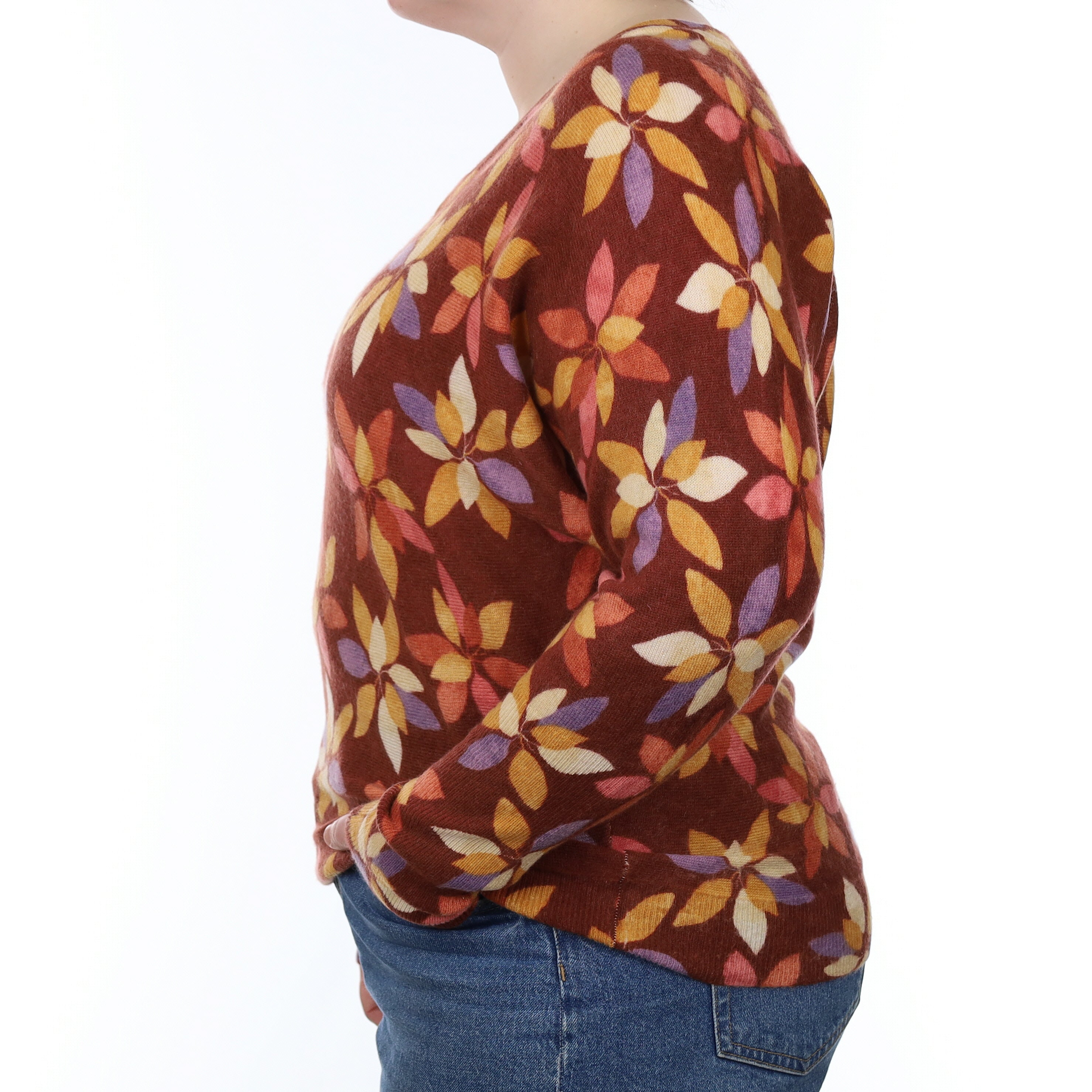 Rust Floral Cashmere Batwing V Neck Jumper Large