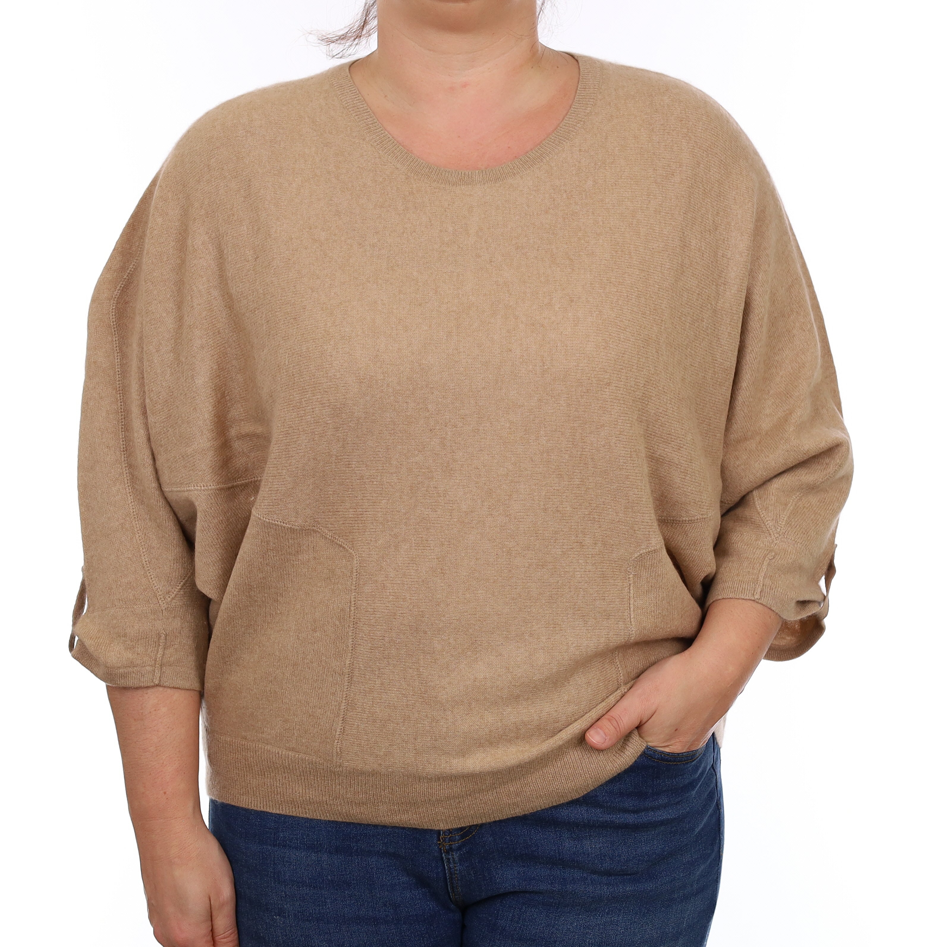 Camel Brown Cashmere Slouchy Batwing Crew Neck Jumper Large