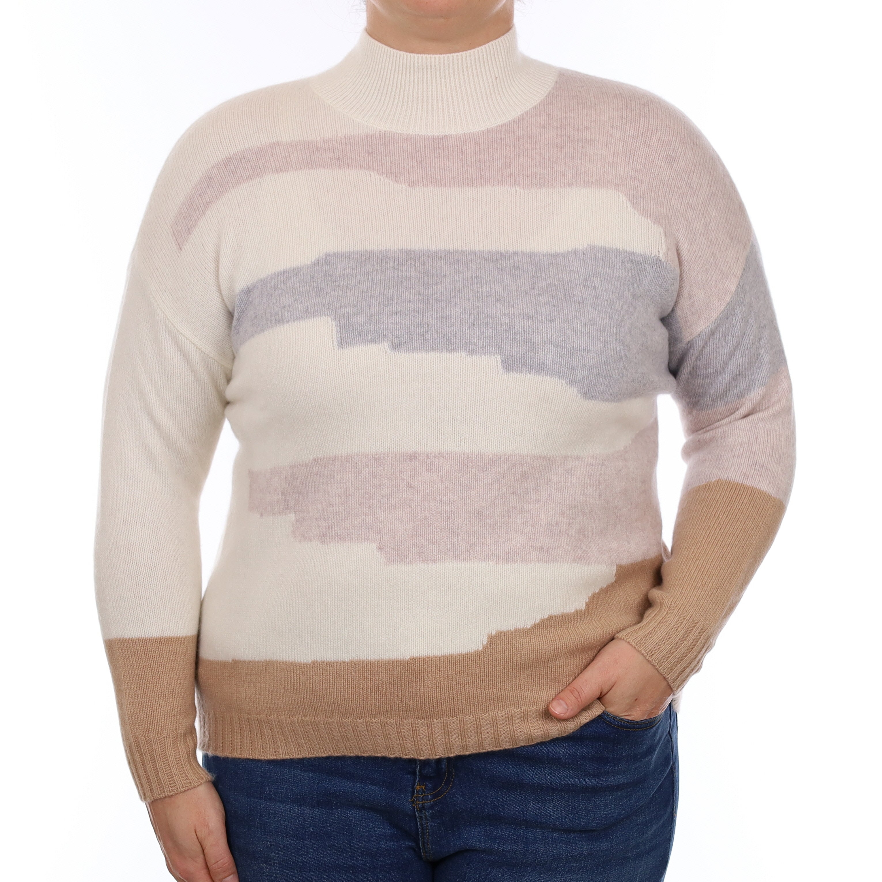 Ivory Patterned Heavy Knit Cashmere Turtleneck Jumper Large