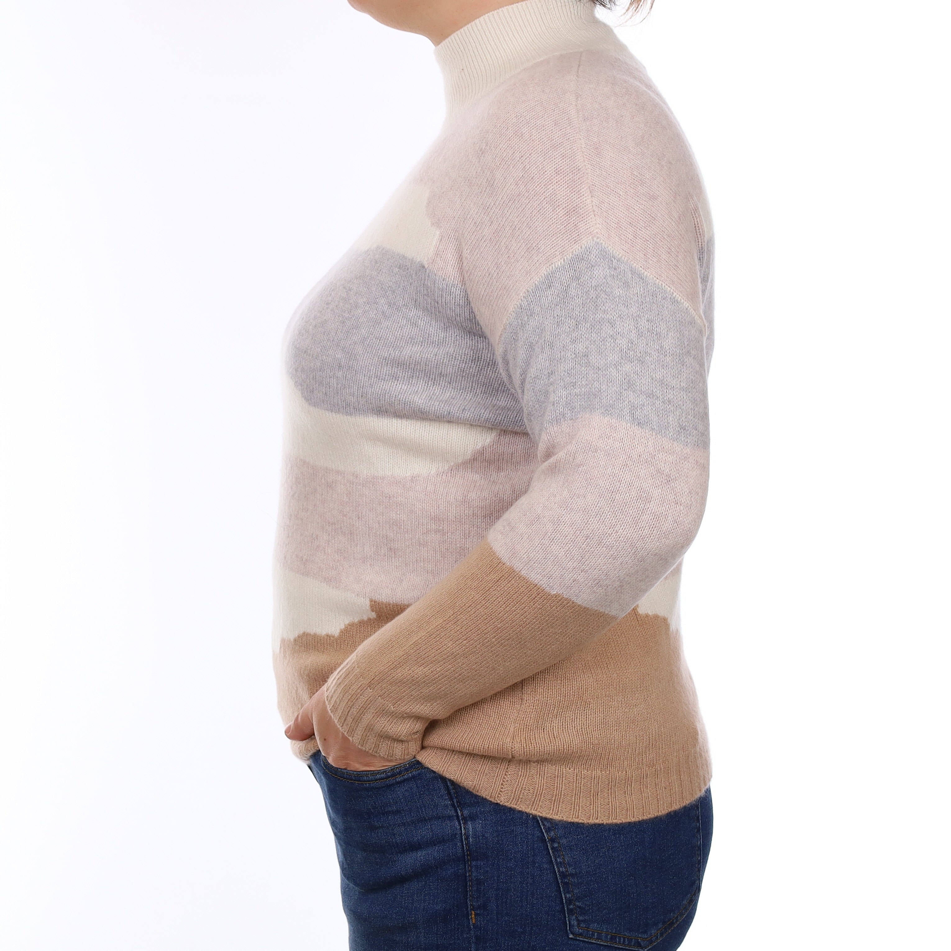 Ivory Patterned Heavy Knit Cashmere Turtleneck Jumper Large