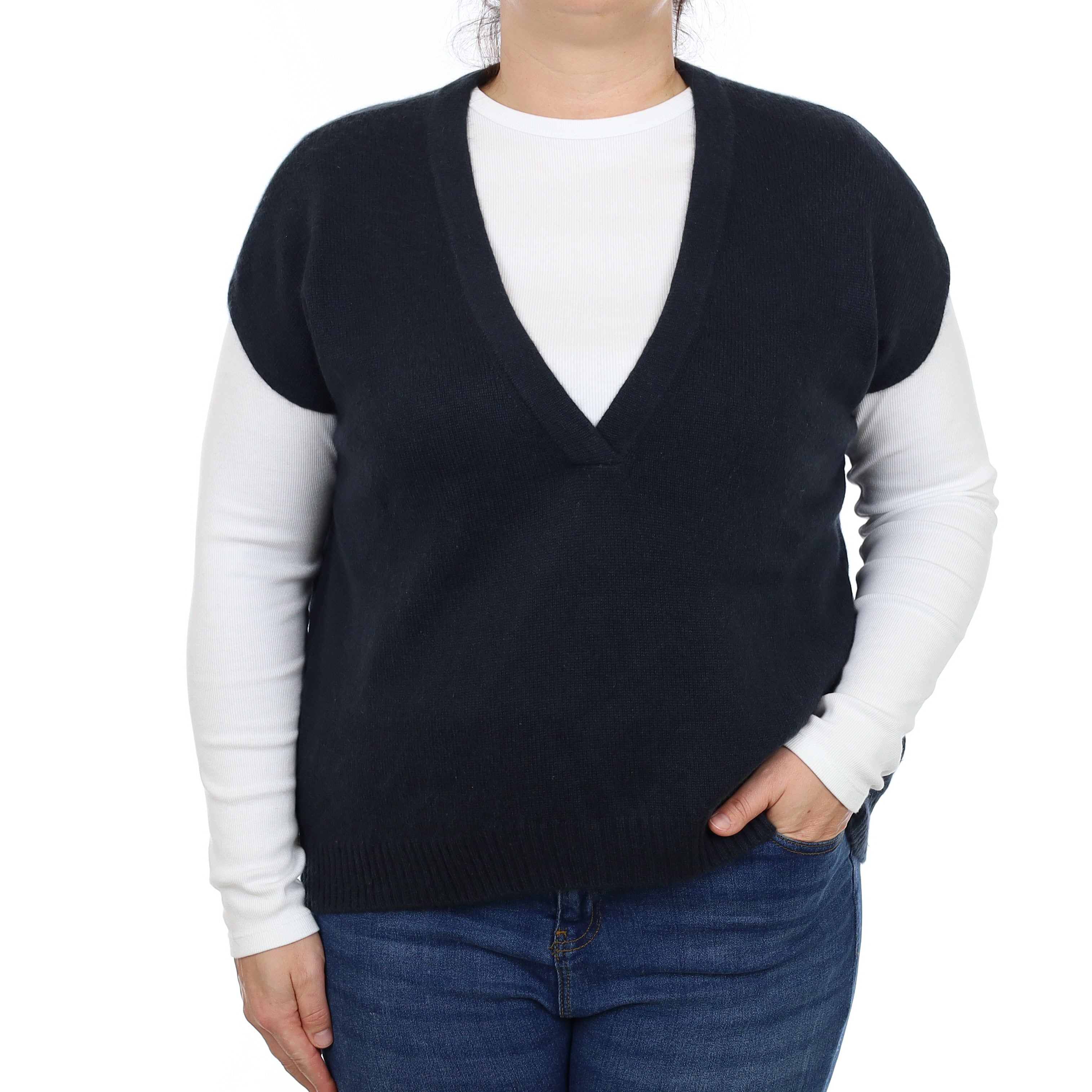 Lisa Yang Dark Navy Cashmere Sleeveless V Neck Jumper Large