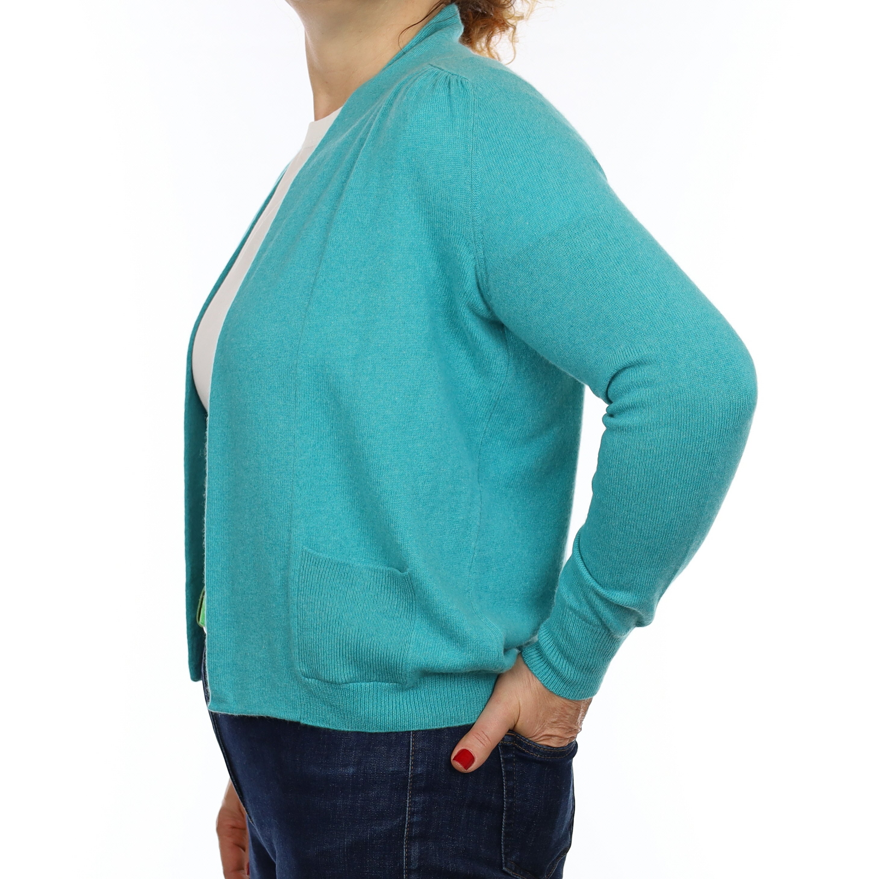 Turquoise Cashmere Edge to Edge Cardigan with Pockets Medium