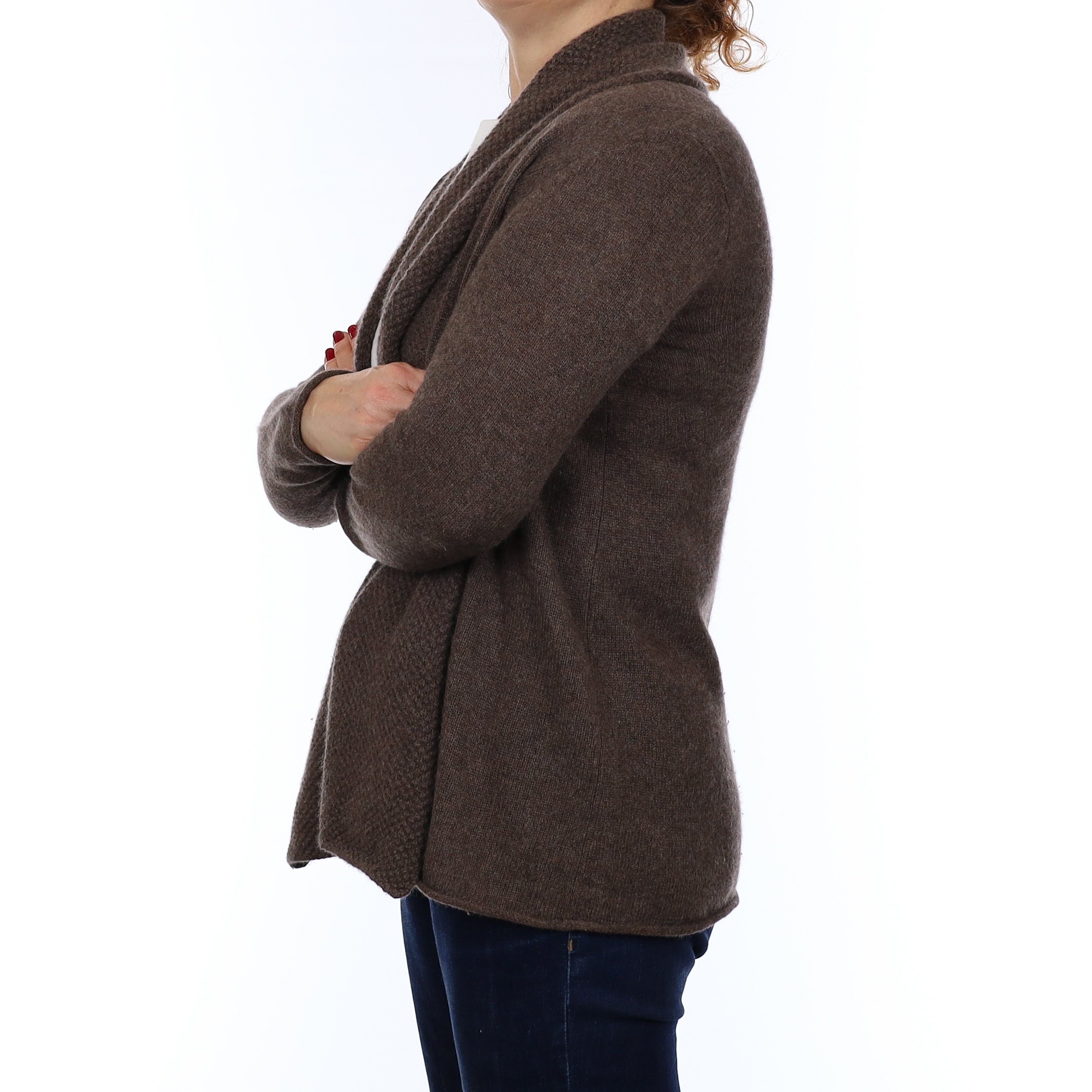 Mocha Brown Textured Cashmere Edge to Edge Cardigan Medium