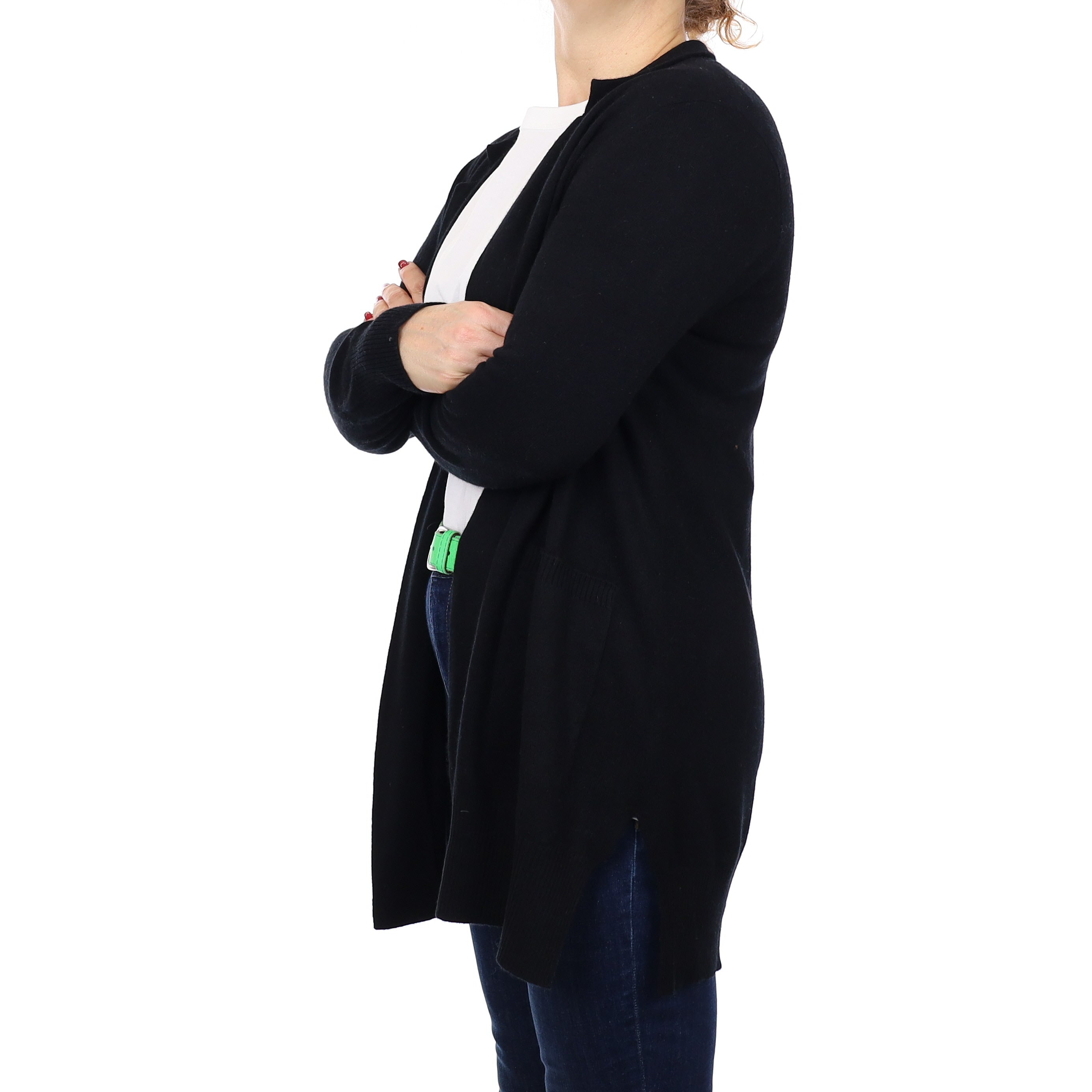 Black Cashmere Collared Edge to Edge Cardigan with Pockets Medium