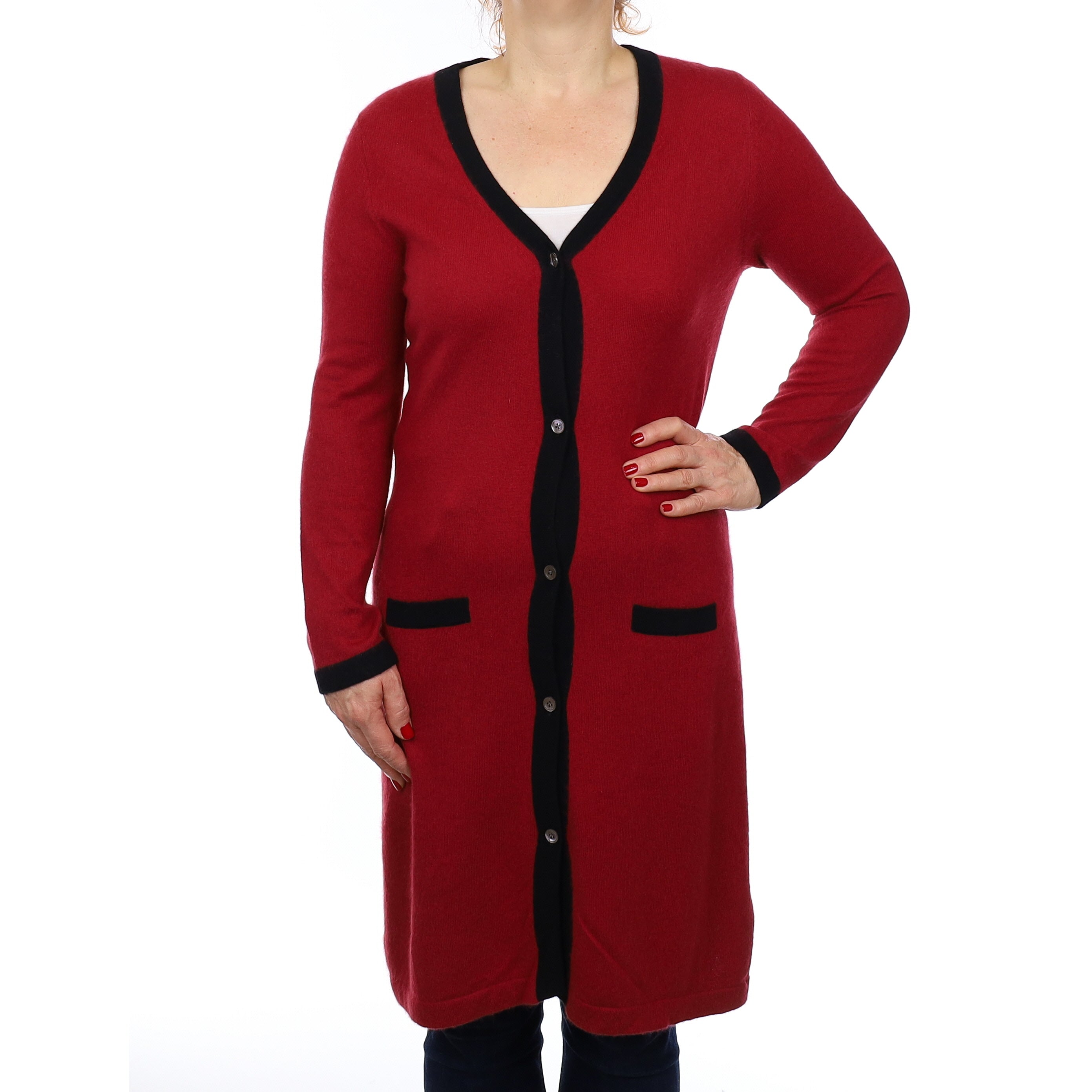 Crimson Red and Black Cashmere Longline Cardigan with Pockets Medium
