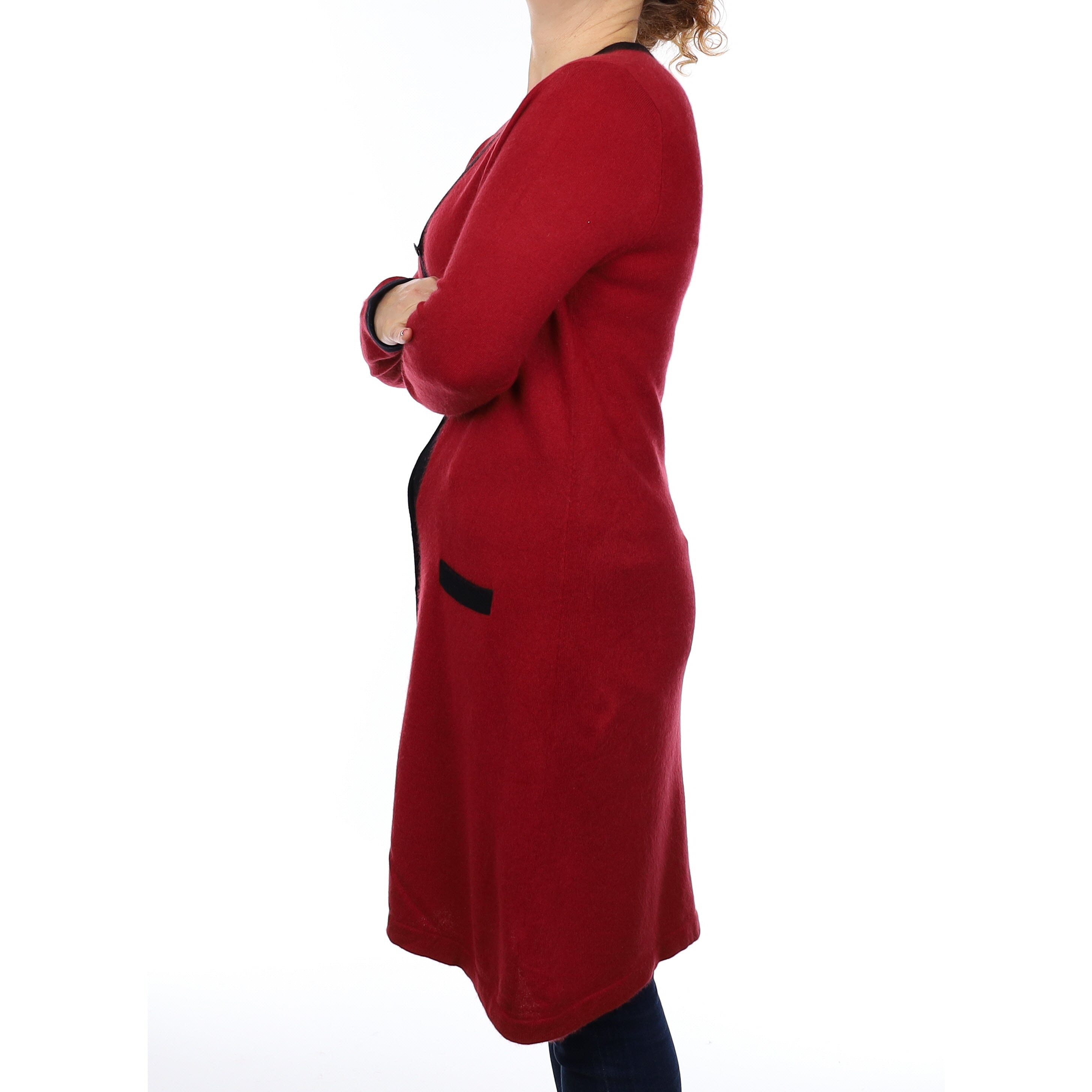 Crimson Red and Black Cashmere Longline Cardigan with Pockets Medium