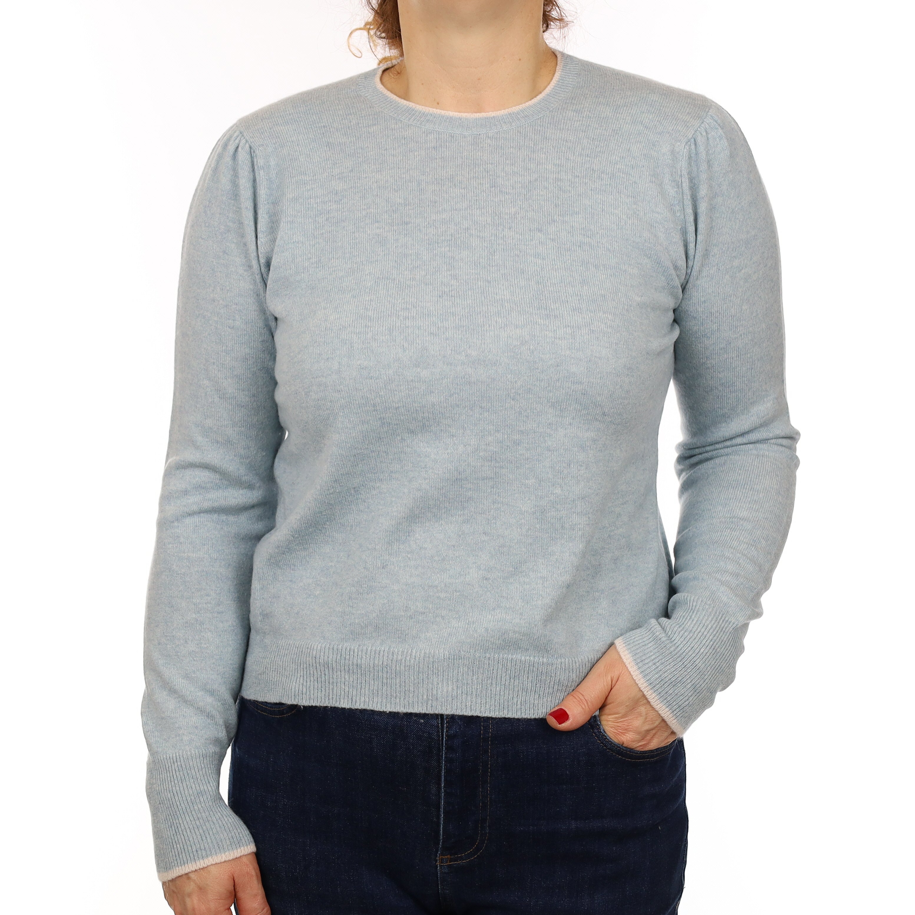 Scottish Brown Duck Egg Blue Cashmere Crew Neck Jumper Medium
