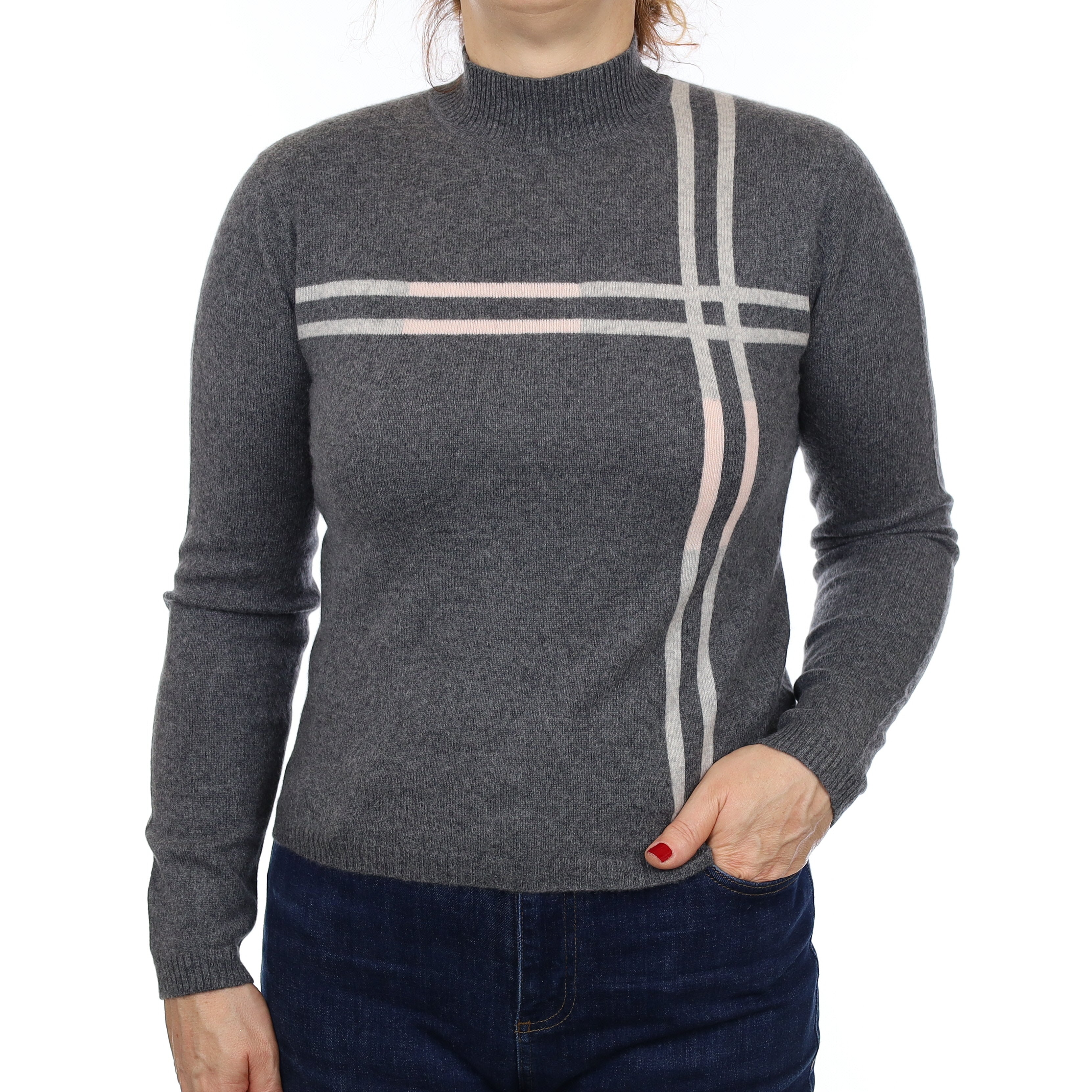 Slate Grey Patterned Cashmere Turtleneck Jumper Medium