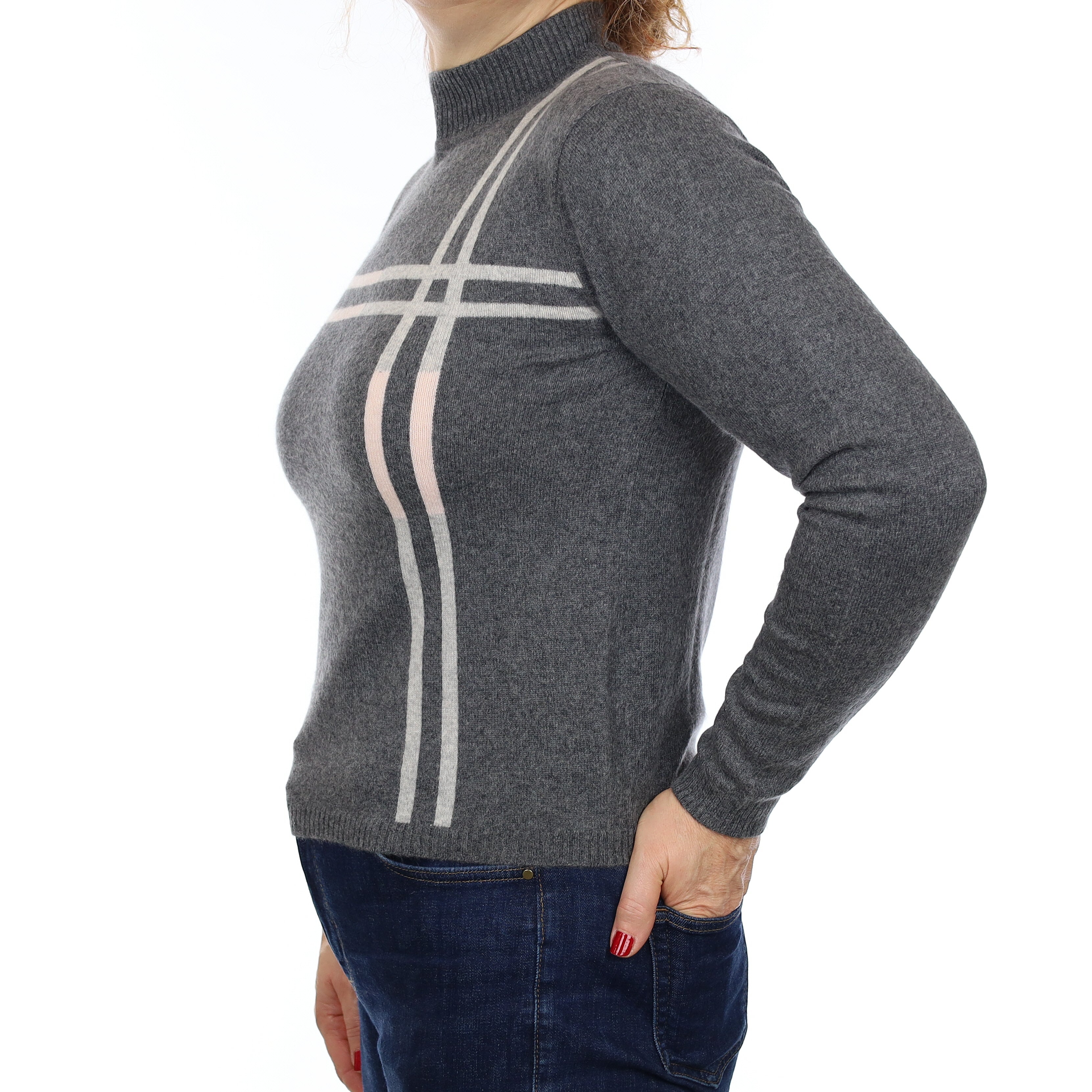 Slate Grey Patterned Cashmere Turtleneck Jumper Medium