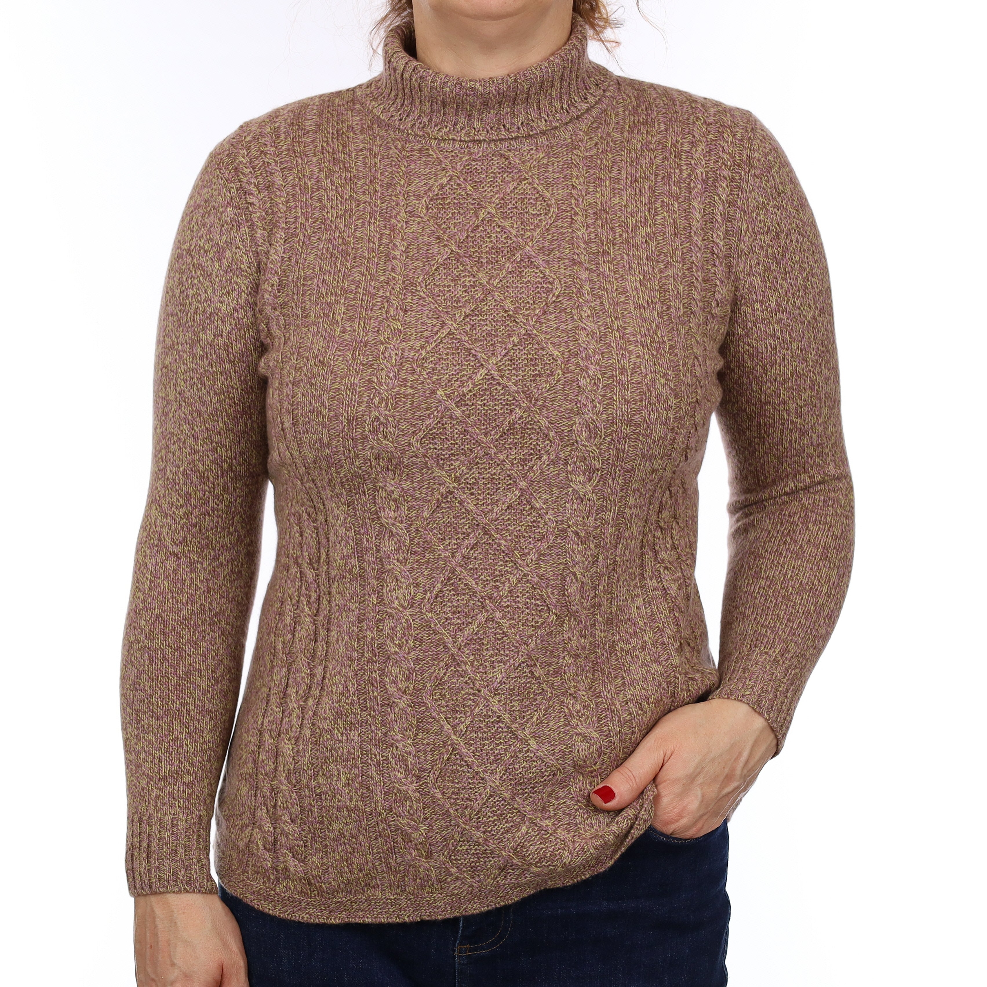 Brown Marl Heavy Knit Cashmere Polo Neck Jumper Medium