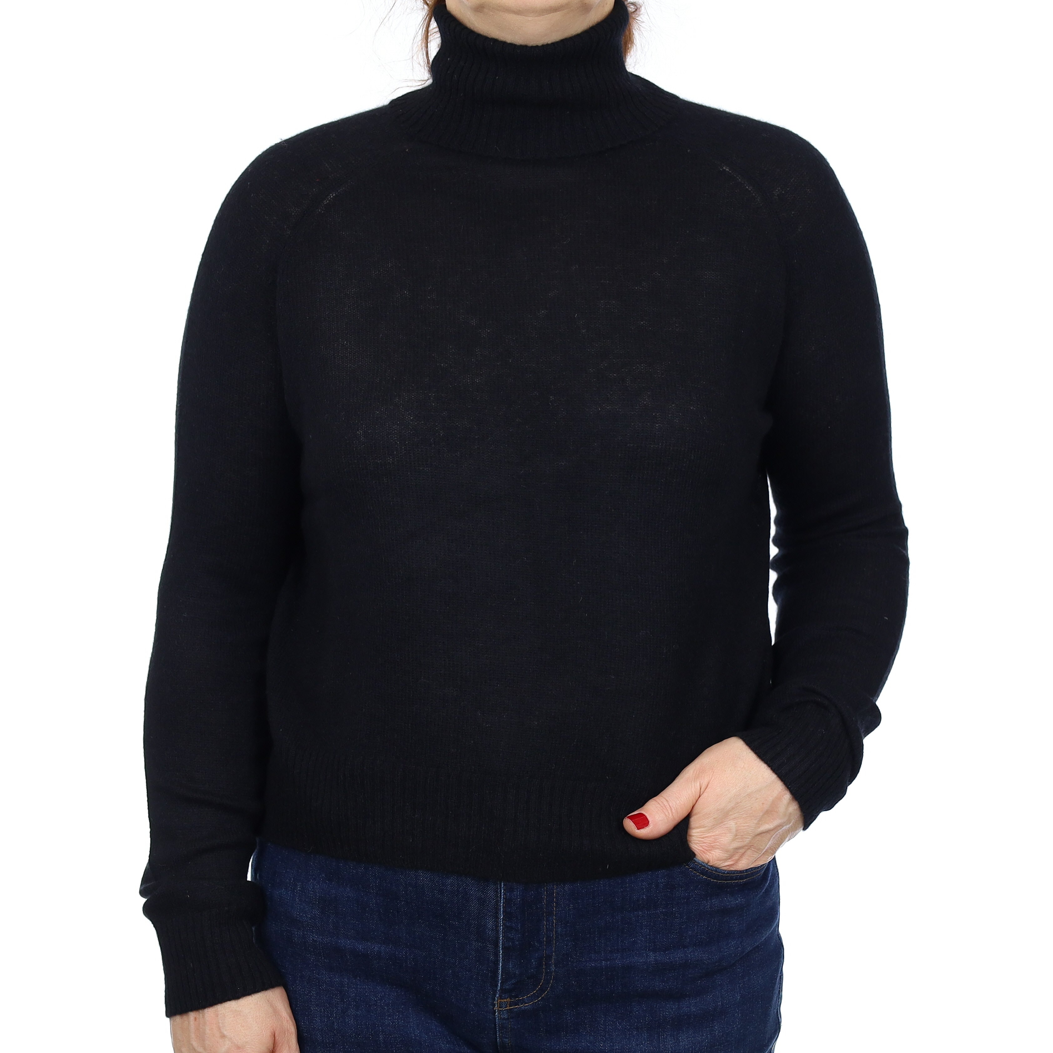 Black Lightweight Cashmere Boxy Polo Neck Jumper Medium