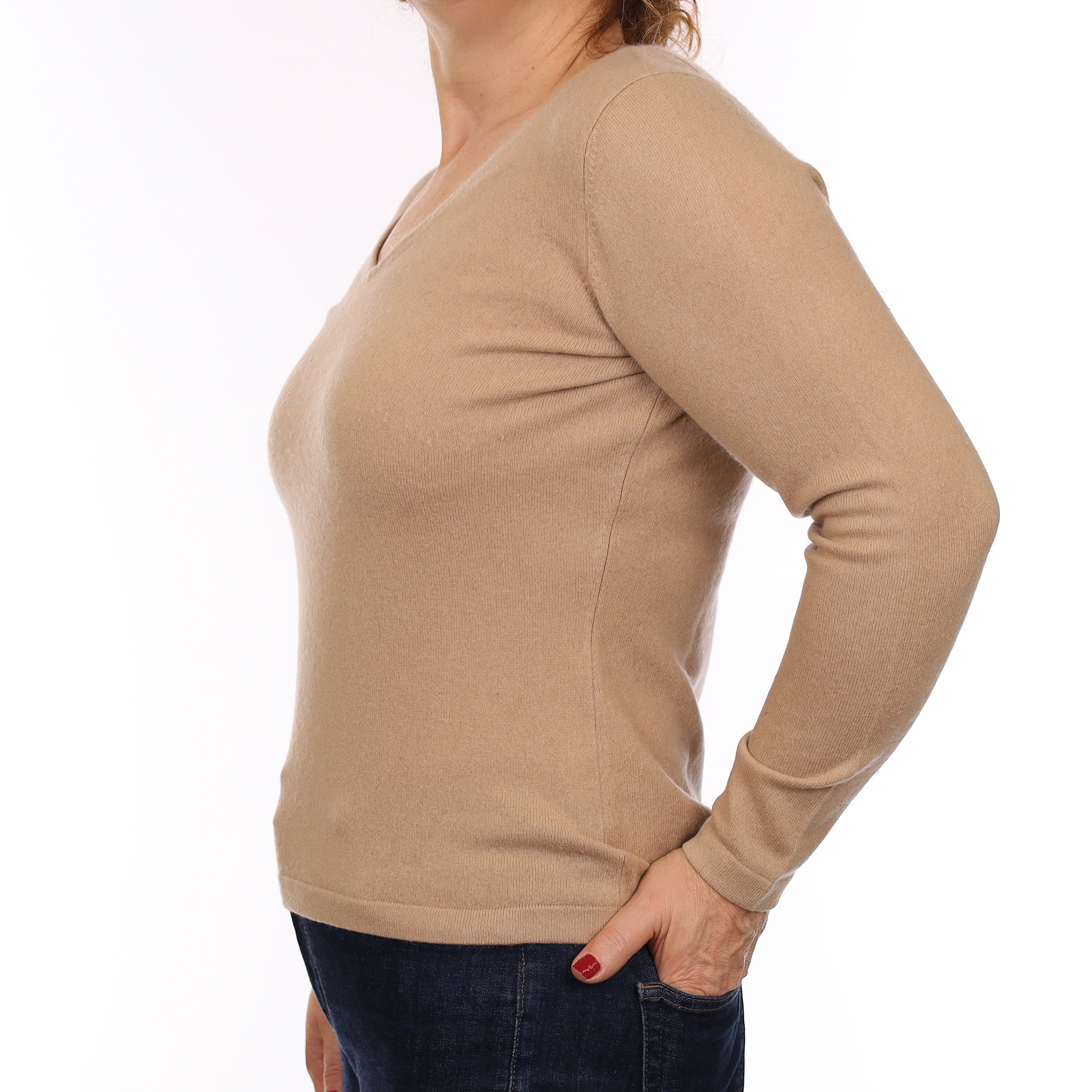 Buff Beige Cashmere V Neck Jumper Medium