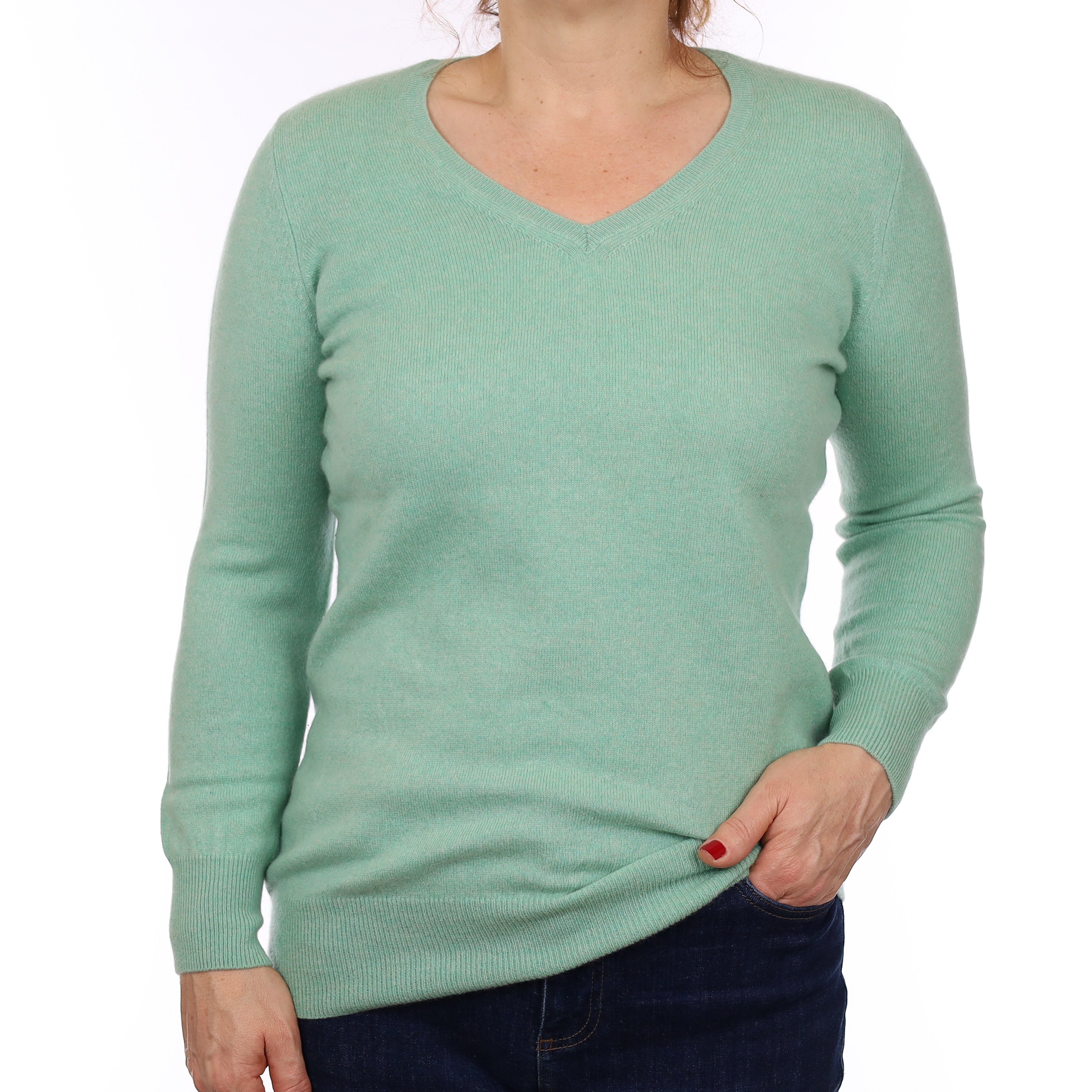 Mint Green Cashmere V Neck Jumper Medium