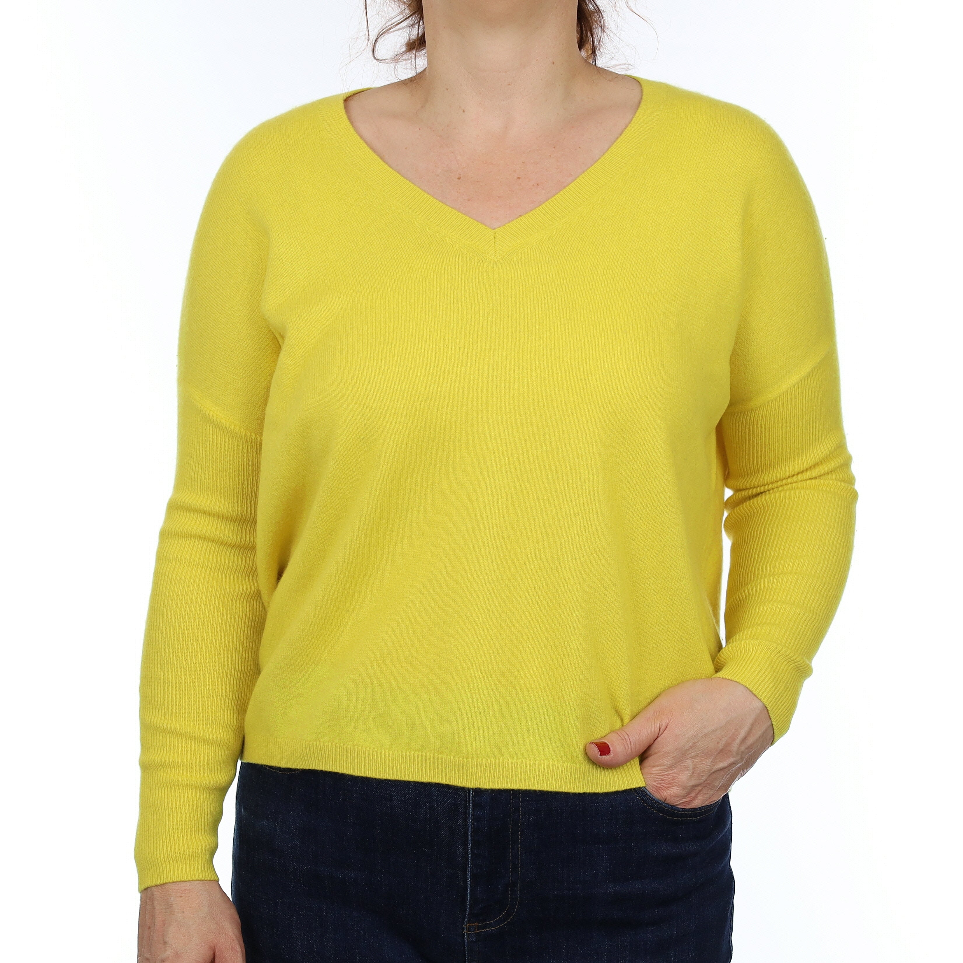 Bright Yellow Cashmere Boxy V Neck Jumper Medium