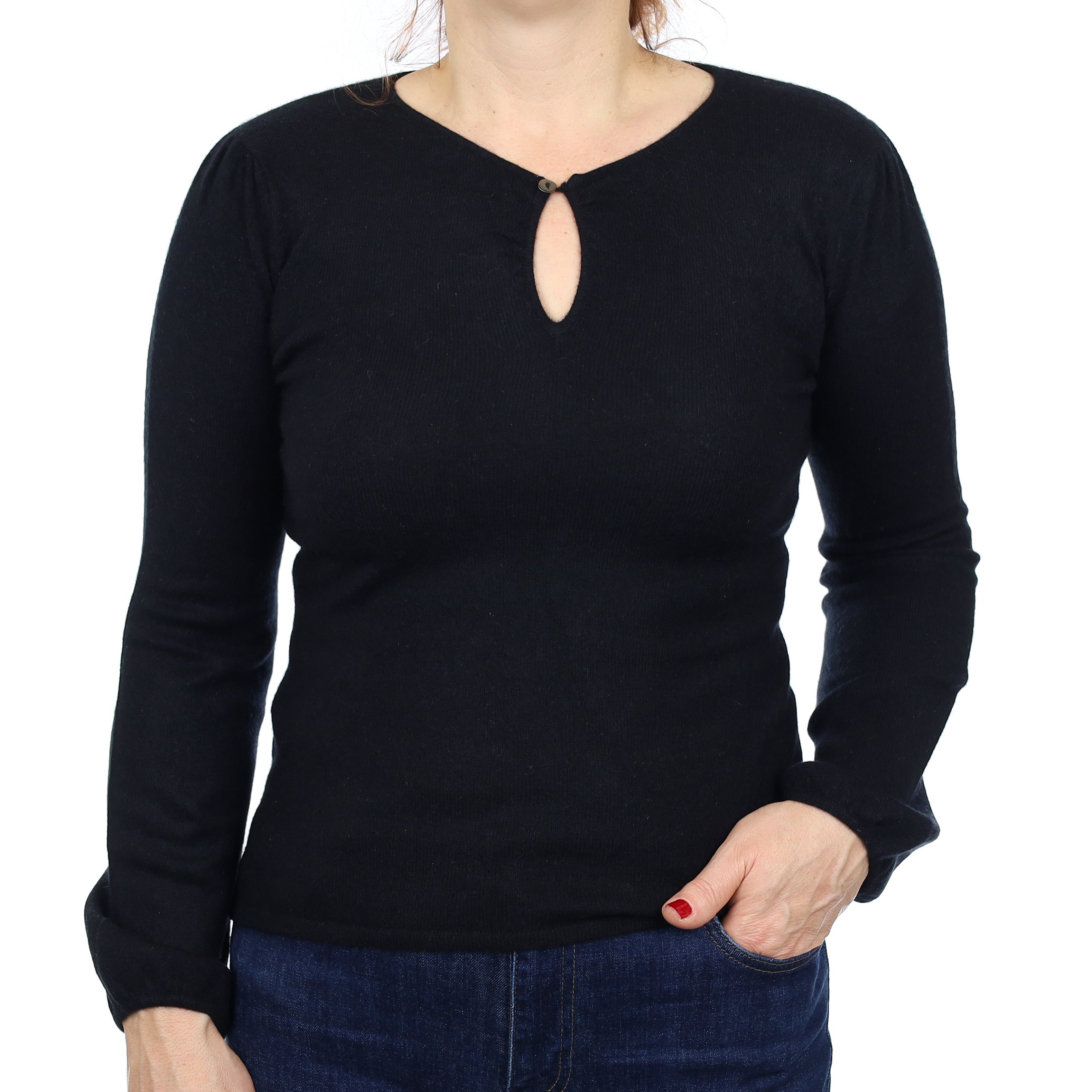 Black Cashmere Keyhole Jumper with Balloon Sleeves Medium