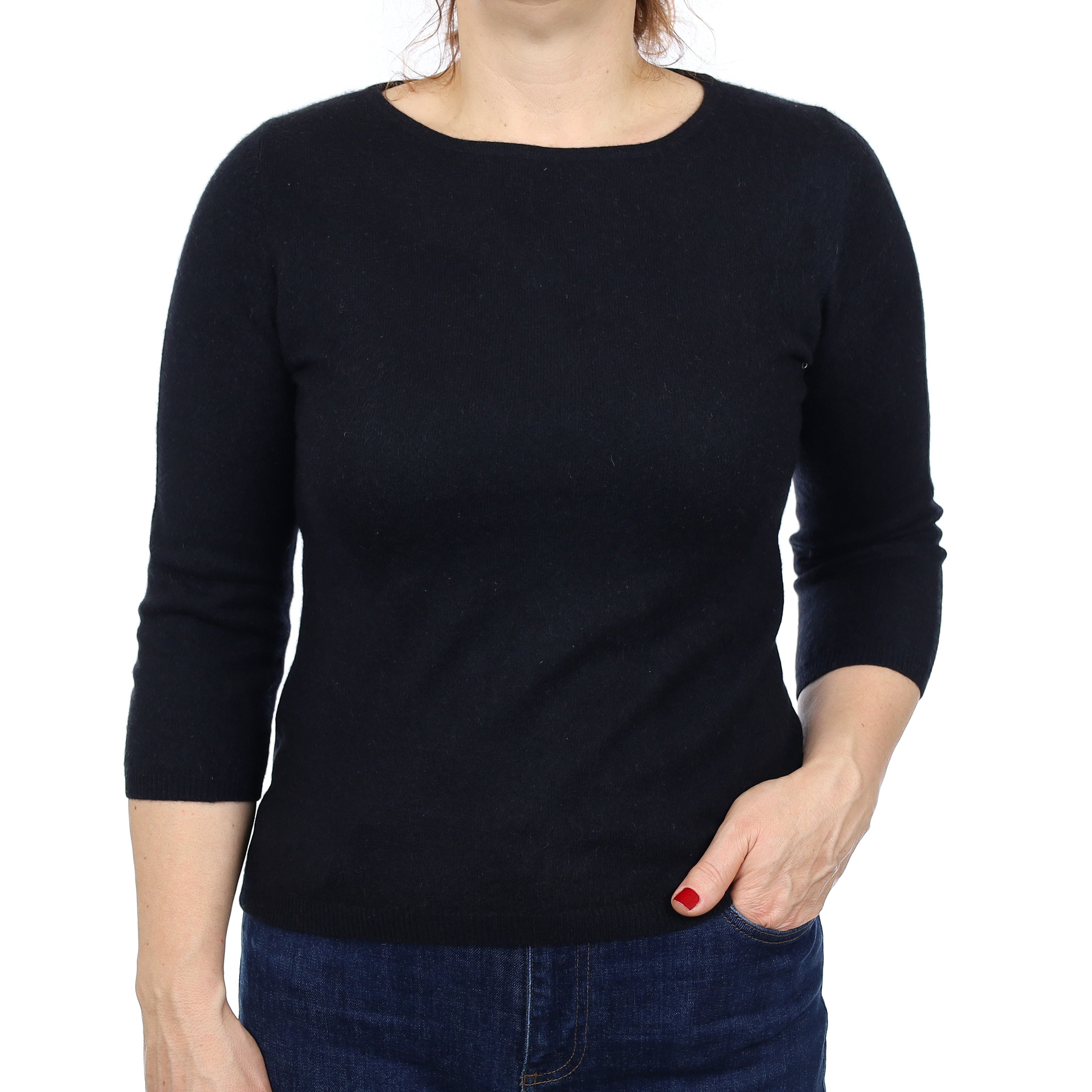 Black Cashmere 3/4 Sleeve Crew Neck Jumper Medium