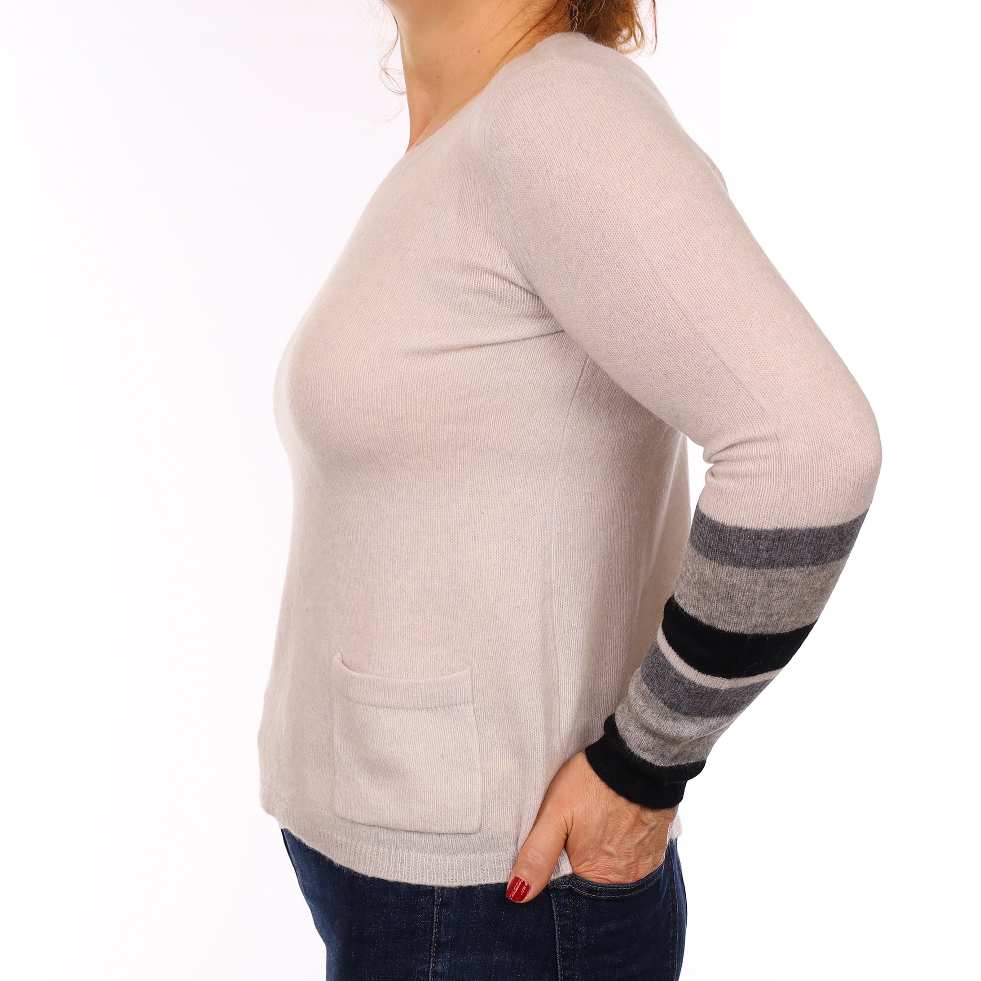 Frost Grey Cashmere Striped Sleeve Crew Neck Jumper with Pocket Medium