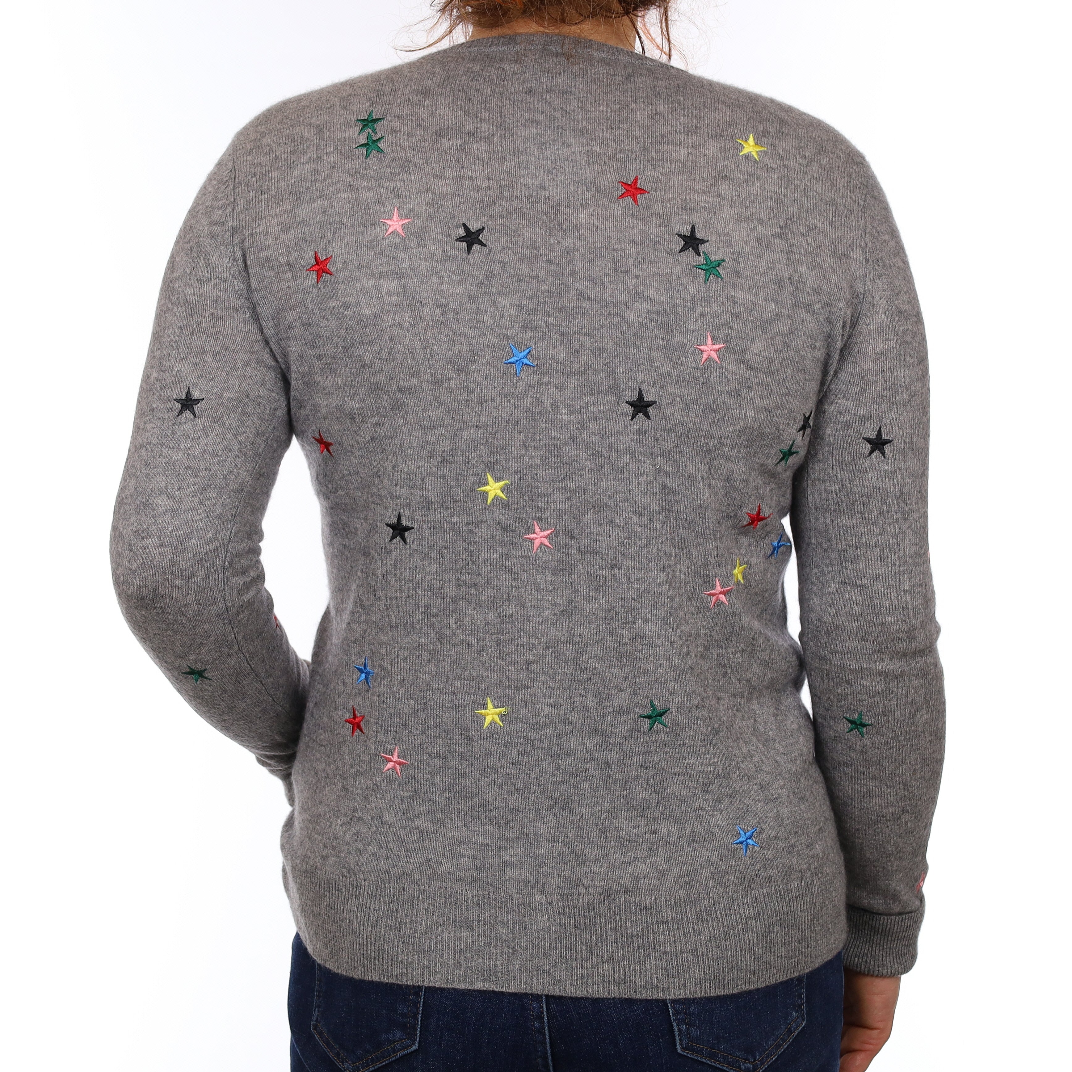 Grey Embroidered Star Cashmere Crew Neck Jumper Medium