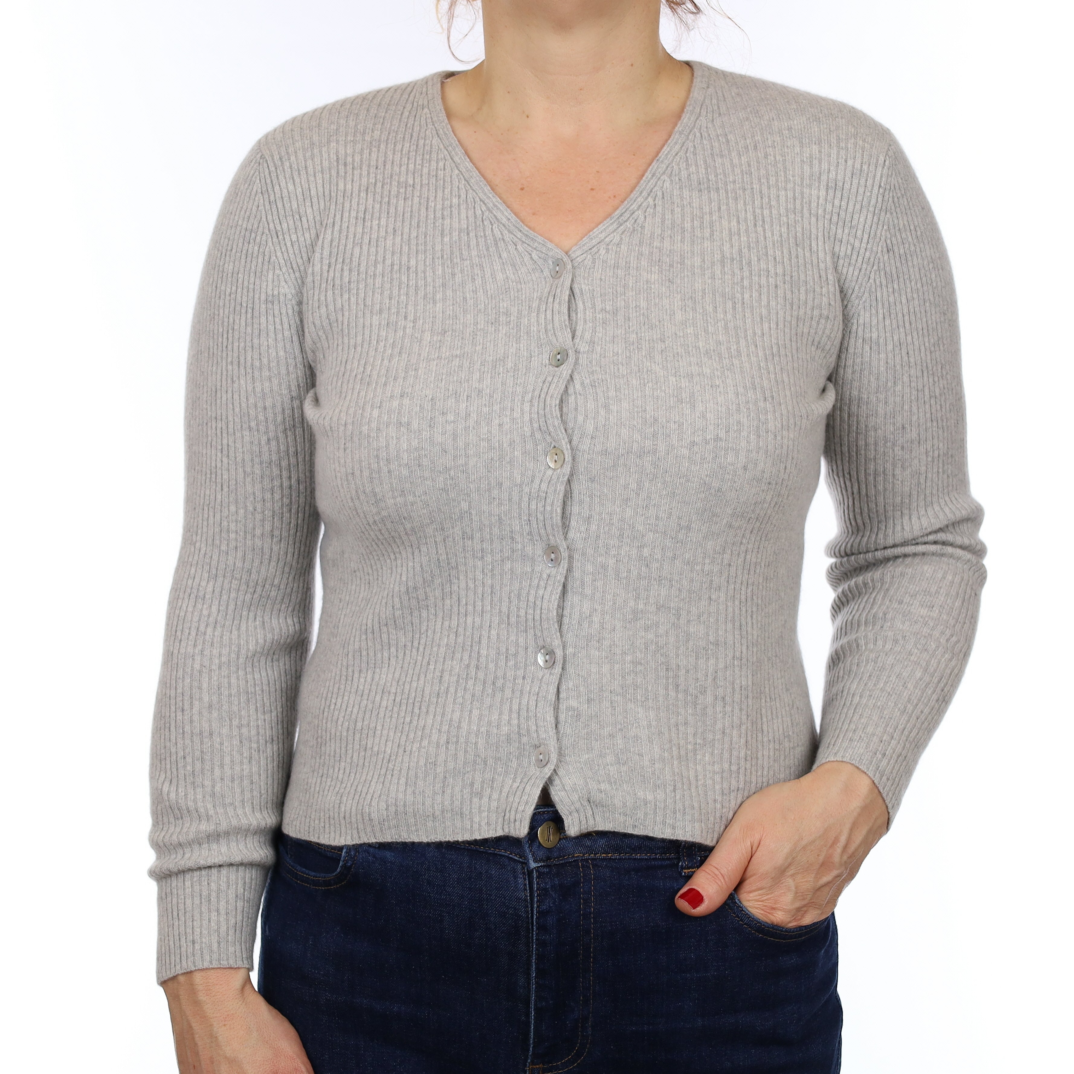 Hanae Mori Mist Grey Ribbed Cashmere V Neck Cardigan Medium